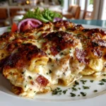 Beautiful homemade Chicken Cordon Bleu Casserole on white plate