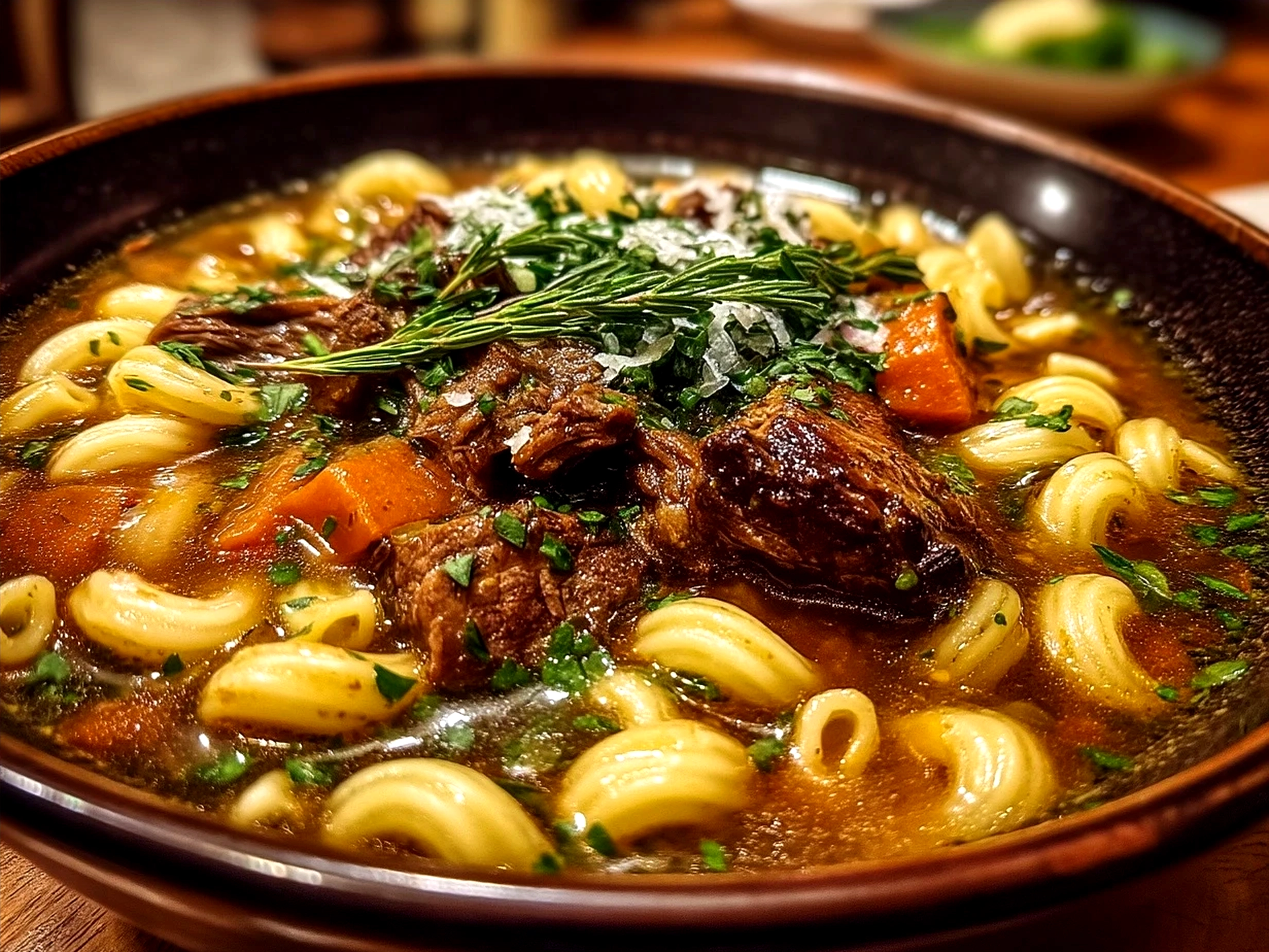 Bowl of finished Beef and Macaroni Soup garnished with fresh herbs