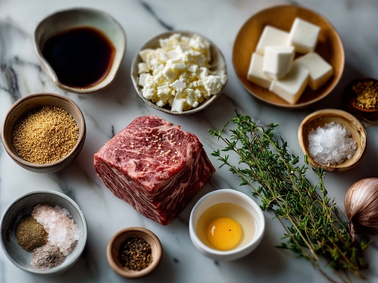 Ingredients laid out for Beef and Macaroni Soup including ground beef, vegetables, broth, and pasta