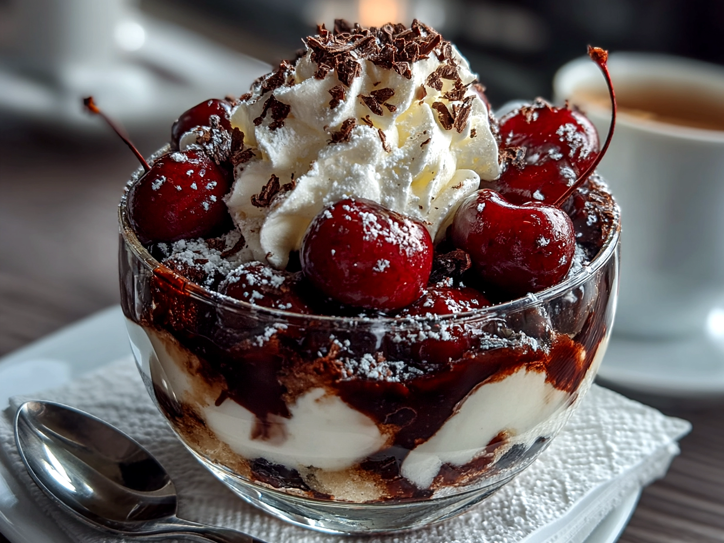 Finished Black Forest Trifle beautifully layered and garnished