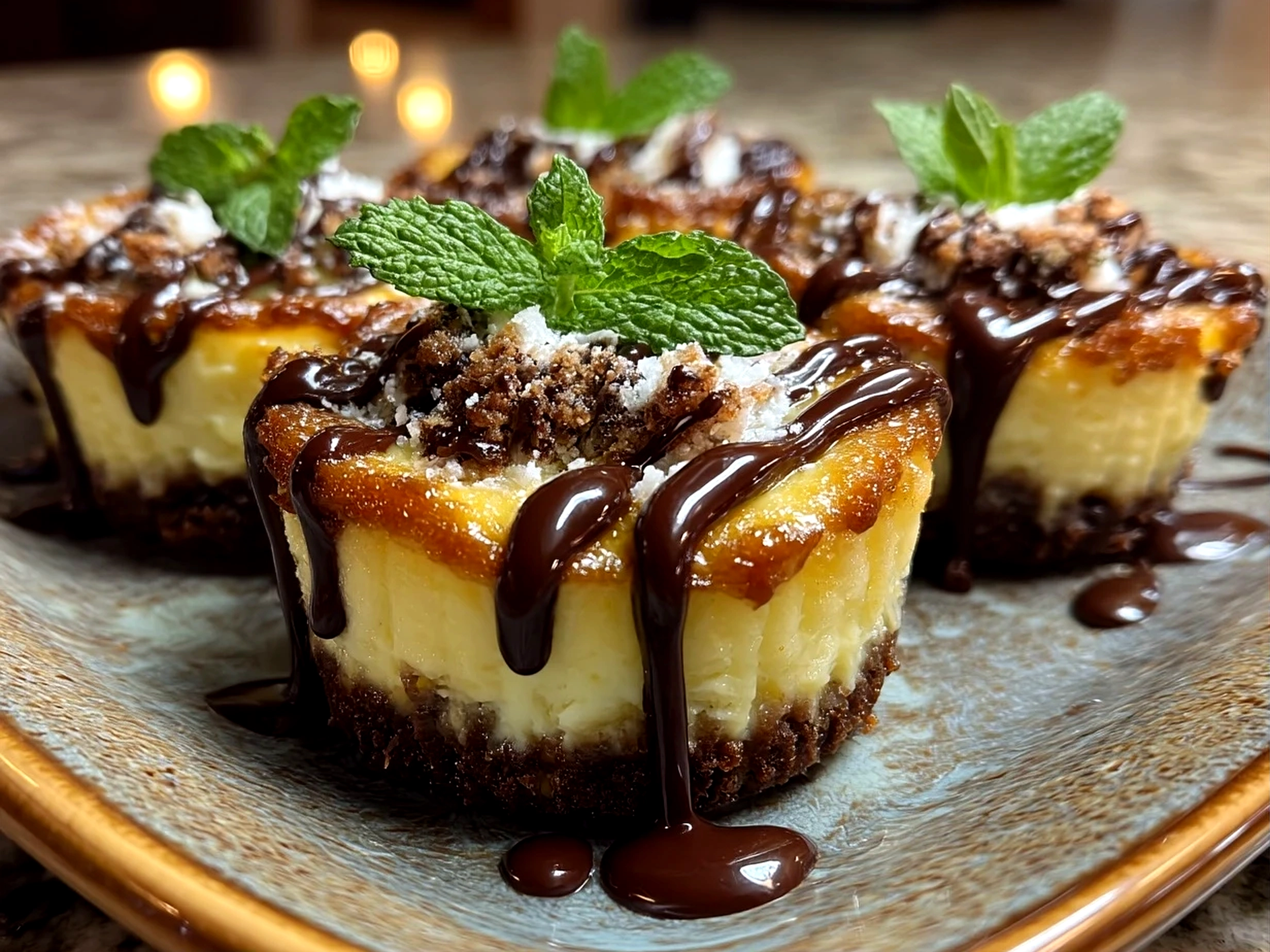 Close-up of finished delicious Andes Mint Mini Cheesecakes plated and ready to serve