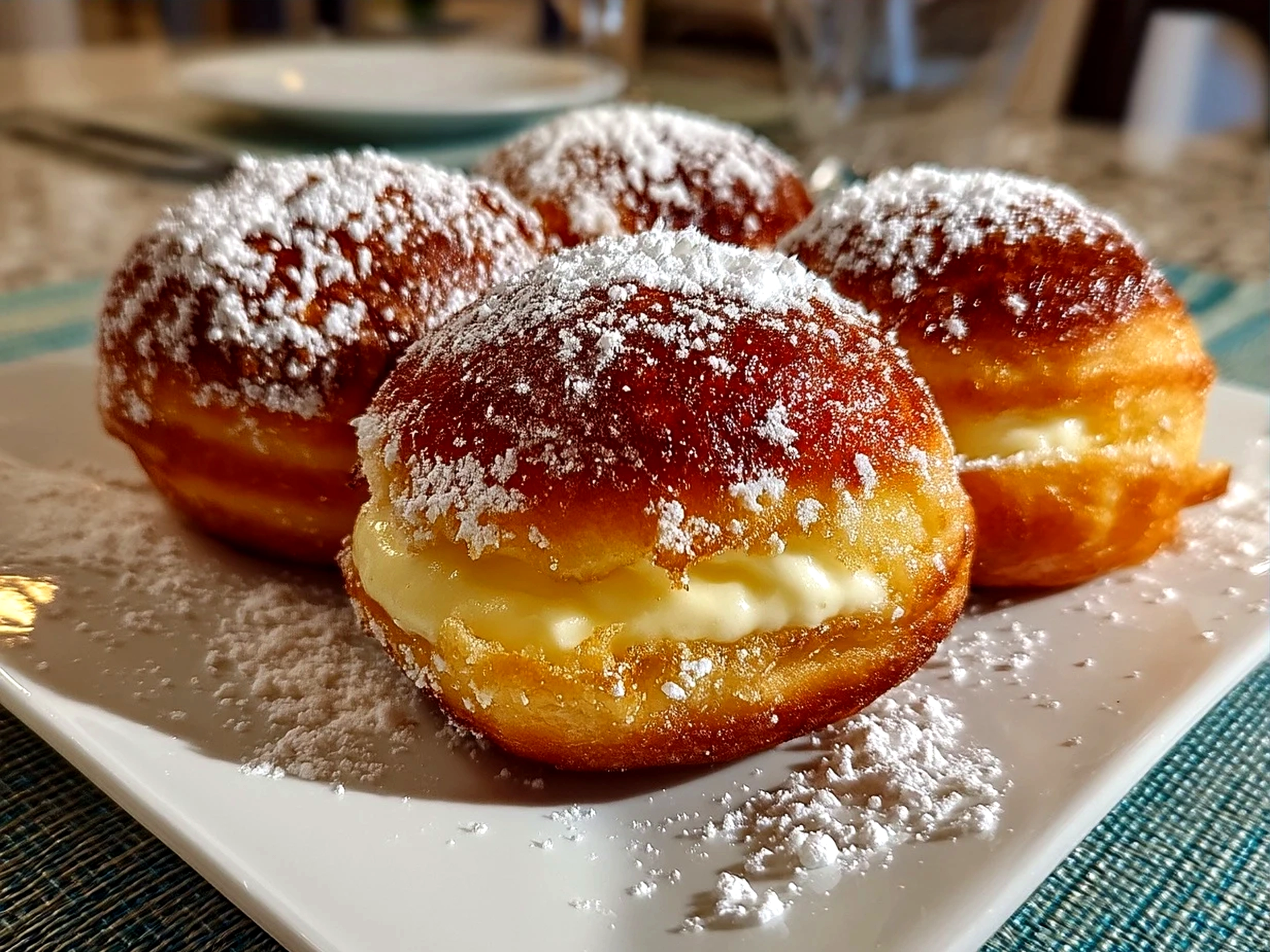 Serving Bomboloni alla Crema with powdered sugar