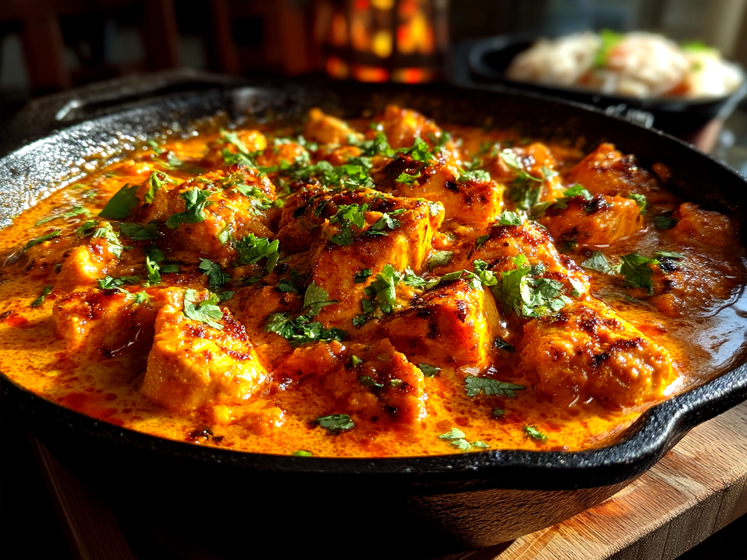 Butter Chicken Skillet served with naan bread and fresh cilantro garnish