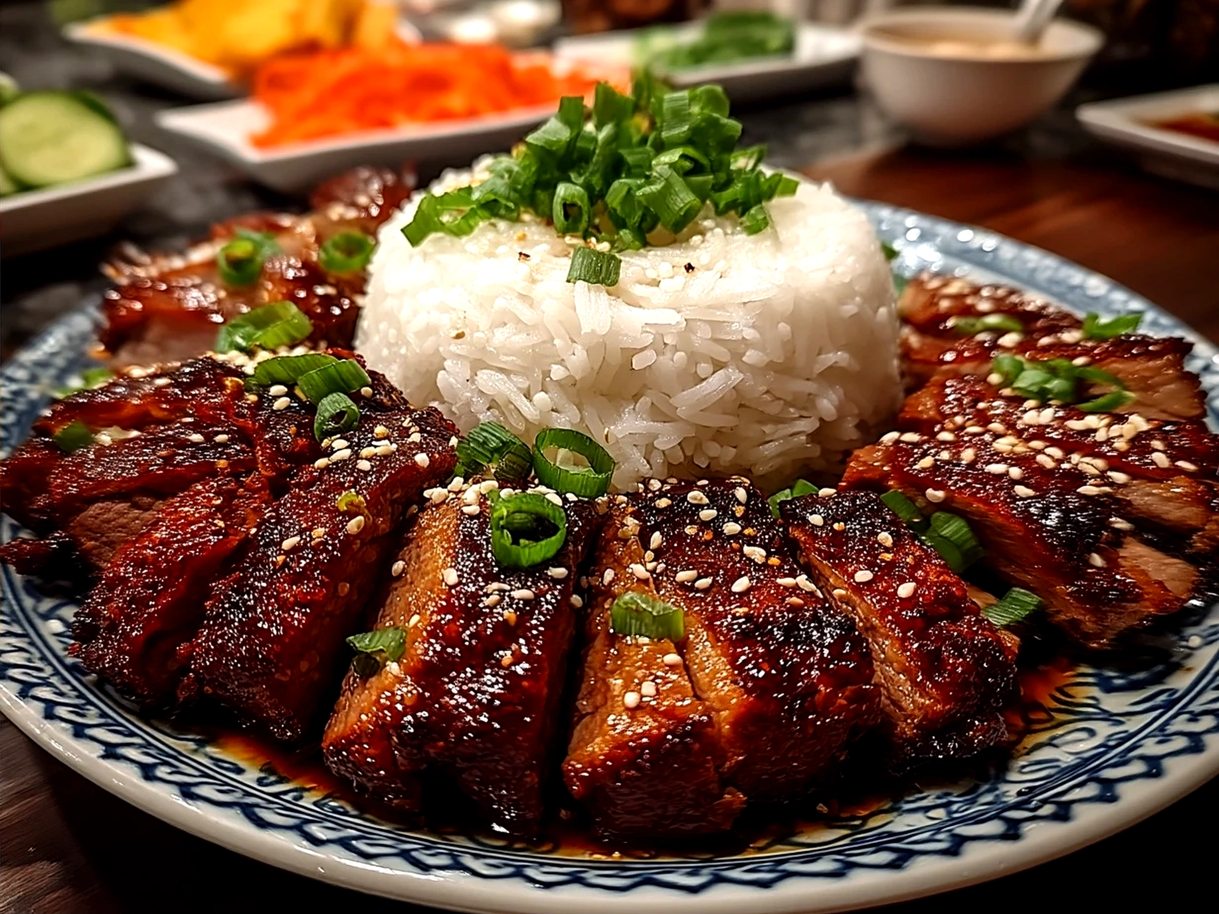 Served Char Siu Chicken with sticky glaze alongside rice and cucumber slices