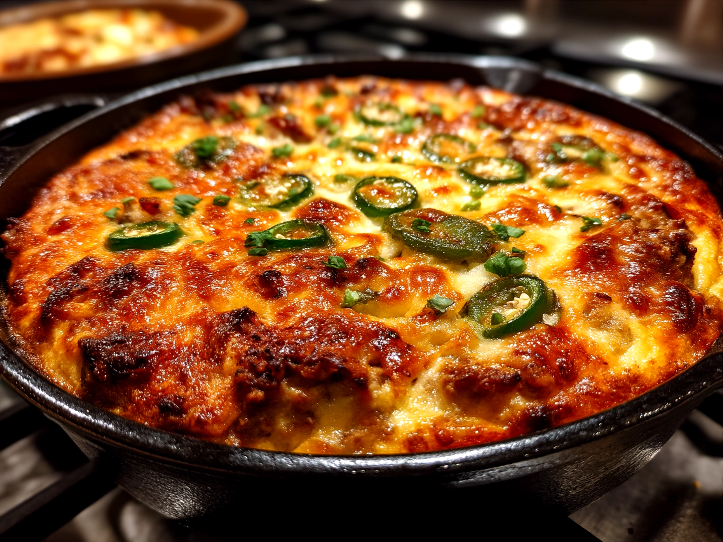Serving plate of Chile Relleno Casserole with melted cheese and fresh cilantro garnish