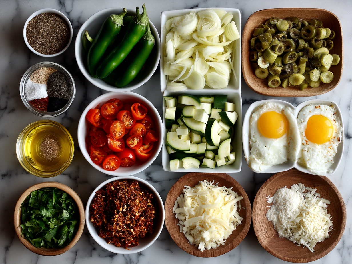 Ingredients laid out for Chile Relleno Casserole including roasted poblanos, cheeses, eggs, onions, and tortillas
