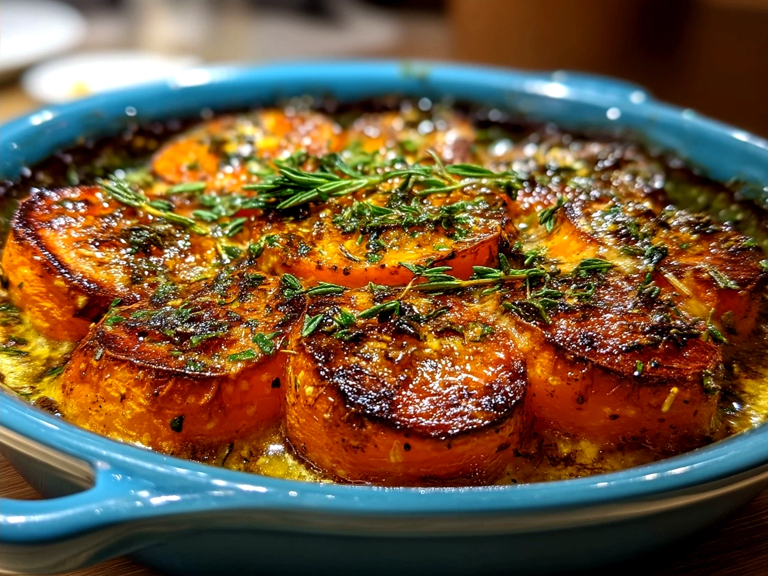 Final serving of Cinnamon Scalloped Sweet Potatoes in a white dish garnished with nuts