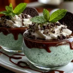 Close-up of freshly prepared Mint Oreo Parfaits on white plate