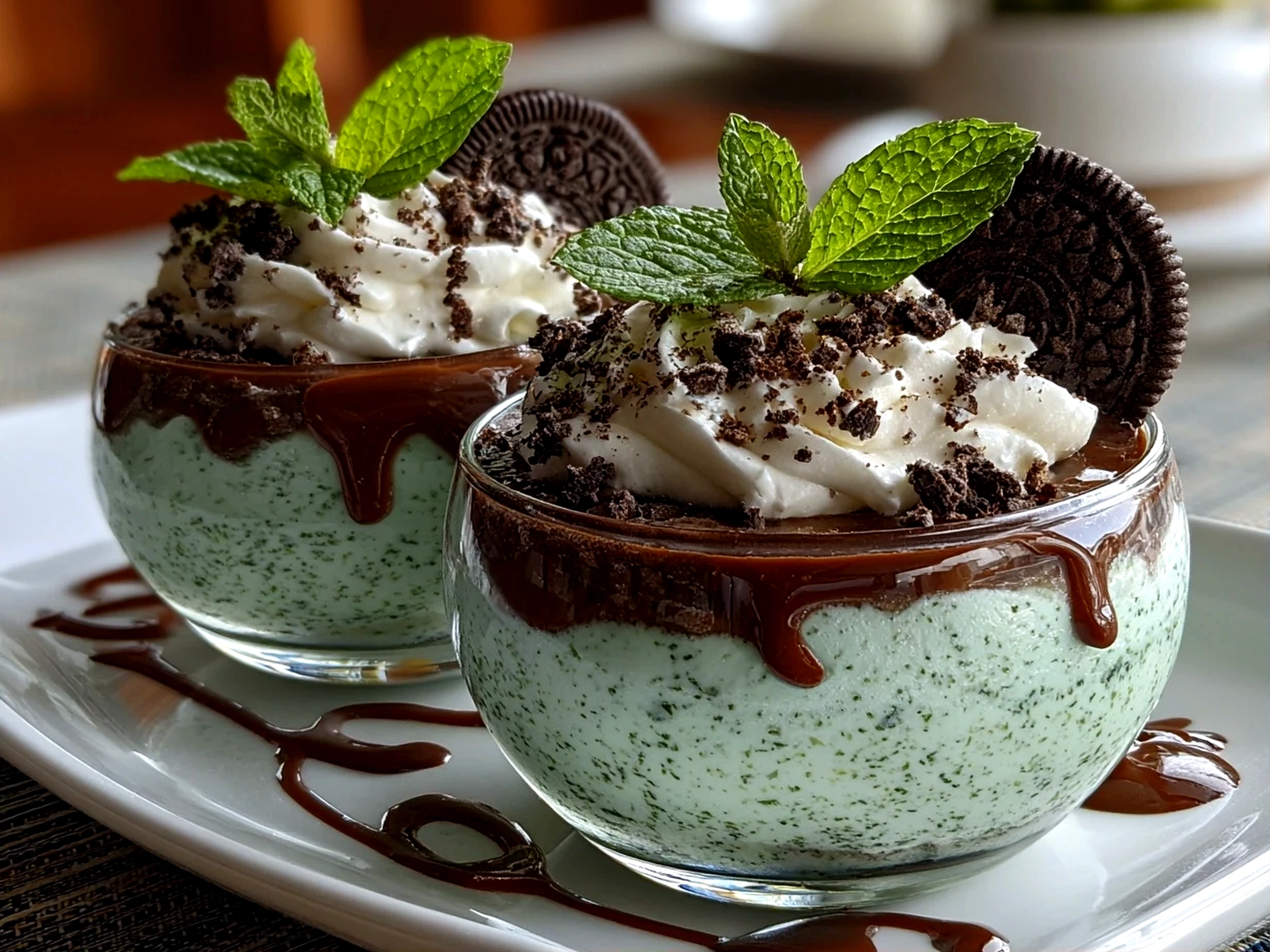 Close-up of freshly prepared Mint Oreo Parfaits on white plate
