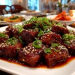 Close-up of homemade Korean BBQ Beef sizzling on grill