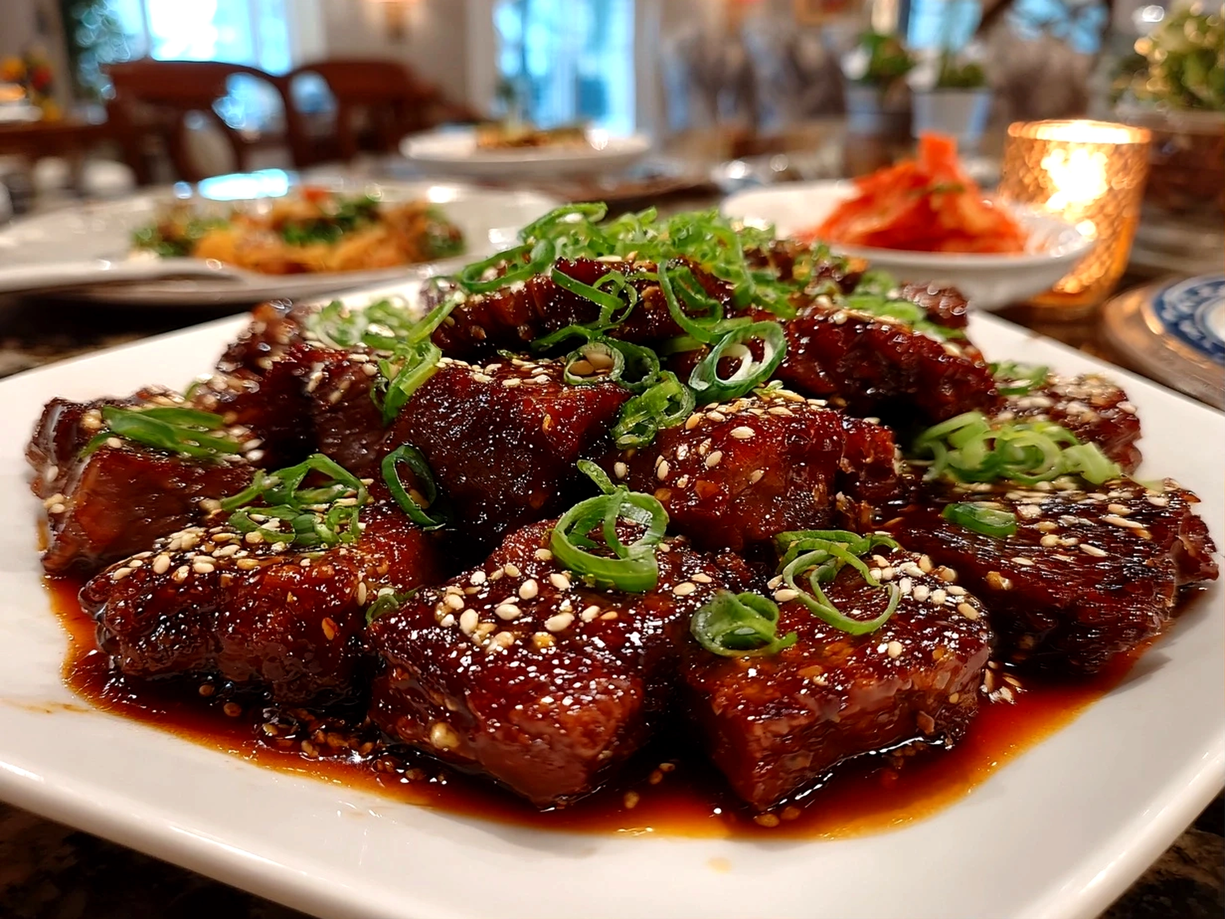 Close-up of homemade Korean BBQ Beef sizzling on grill