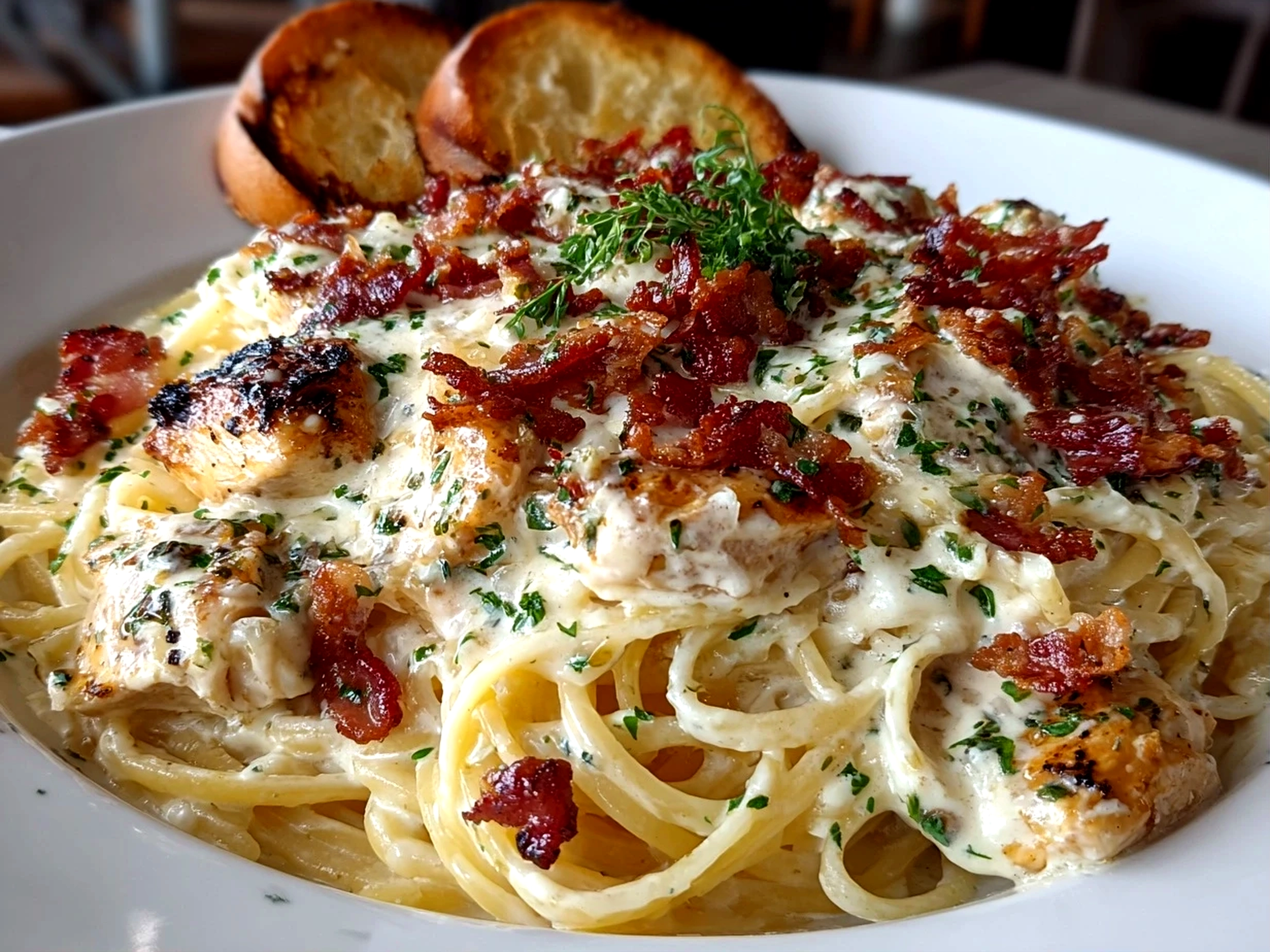 Comforting homemade Chicken Carbonara on white plate