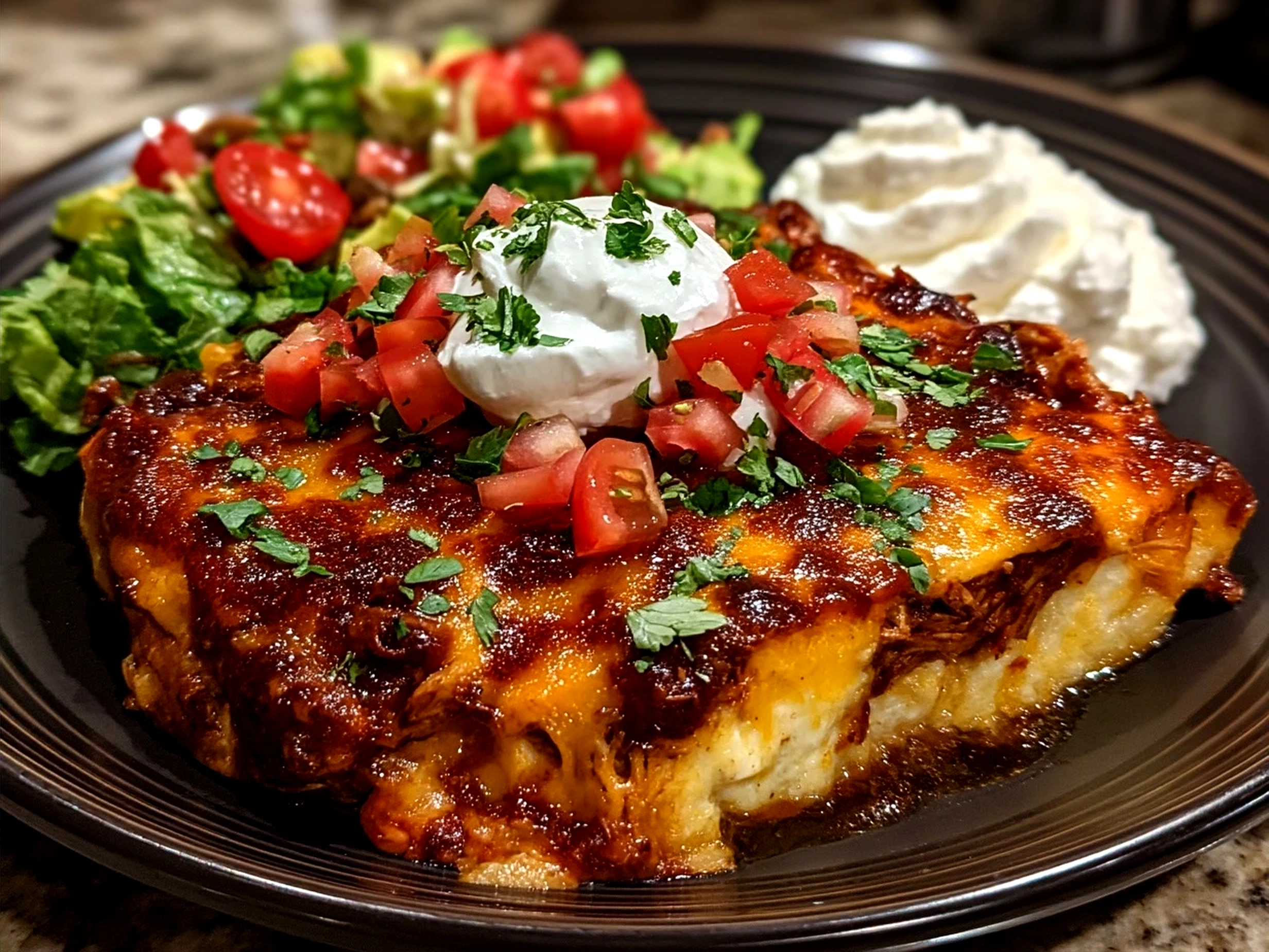 Final Crockpot Chicken Enchilada Casserole served with sides