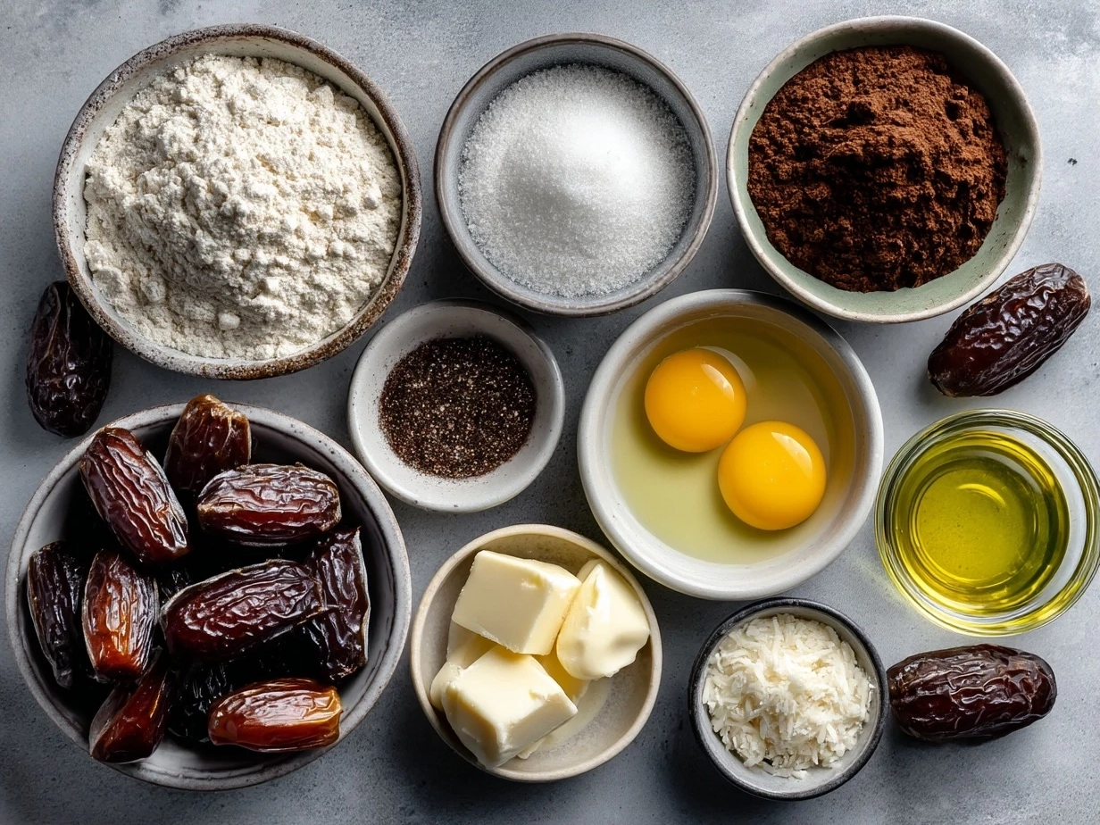 Ingredients for making moist Date Brownies with dates, cocoa, and whole wheat flour
