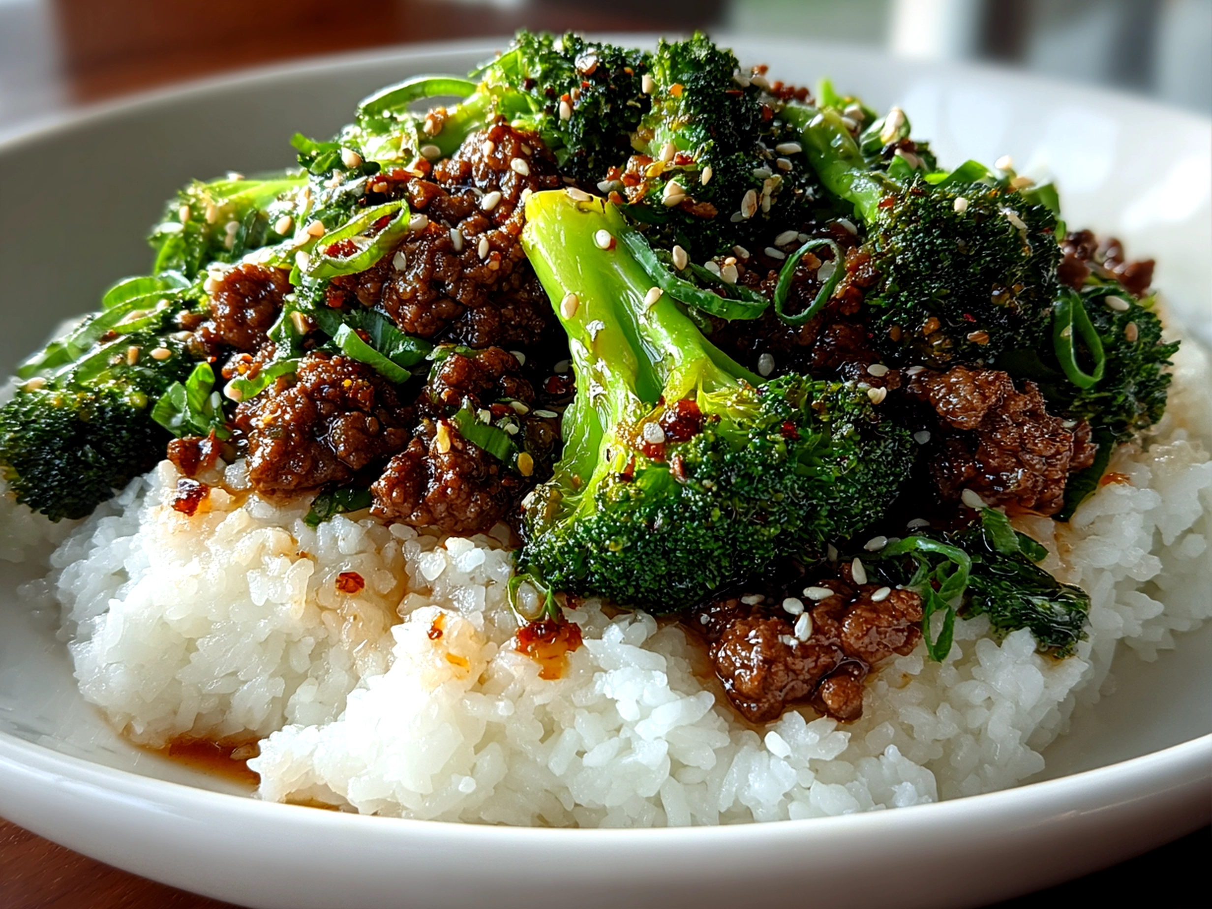 Delicious homemade honey garlic ground beef and broccoli stir-fry close-up