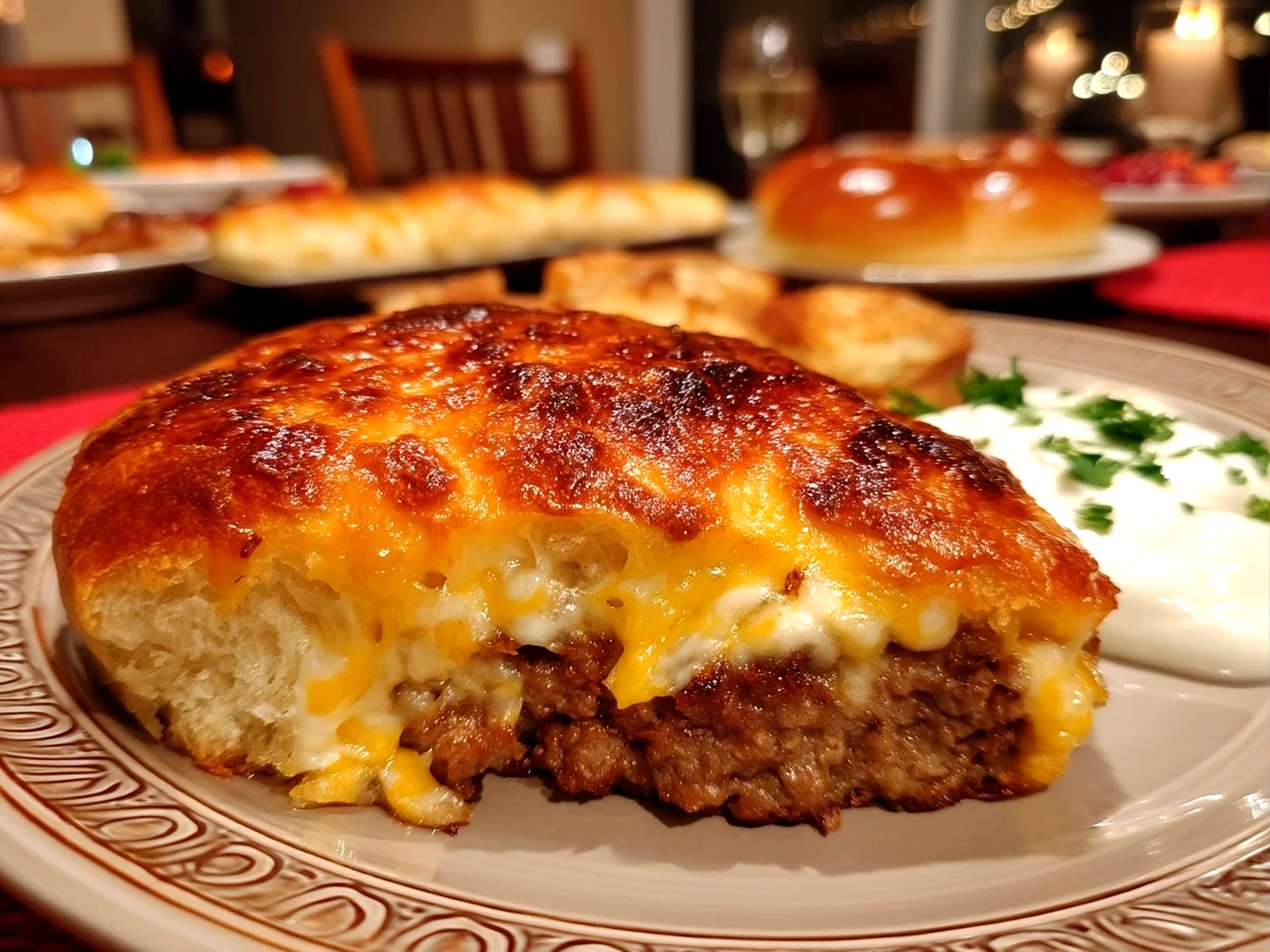 Close-up of a finished baked cheeseburger casserole showing melted cheese and crispy edges