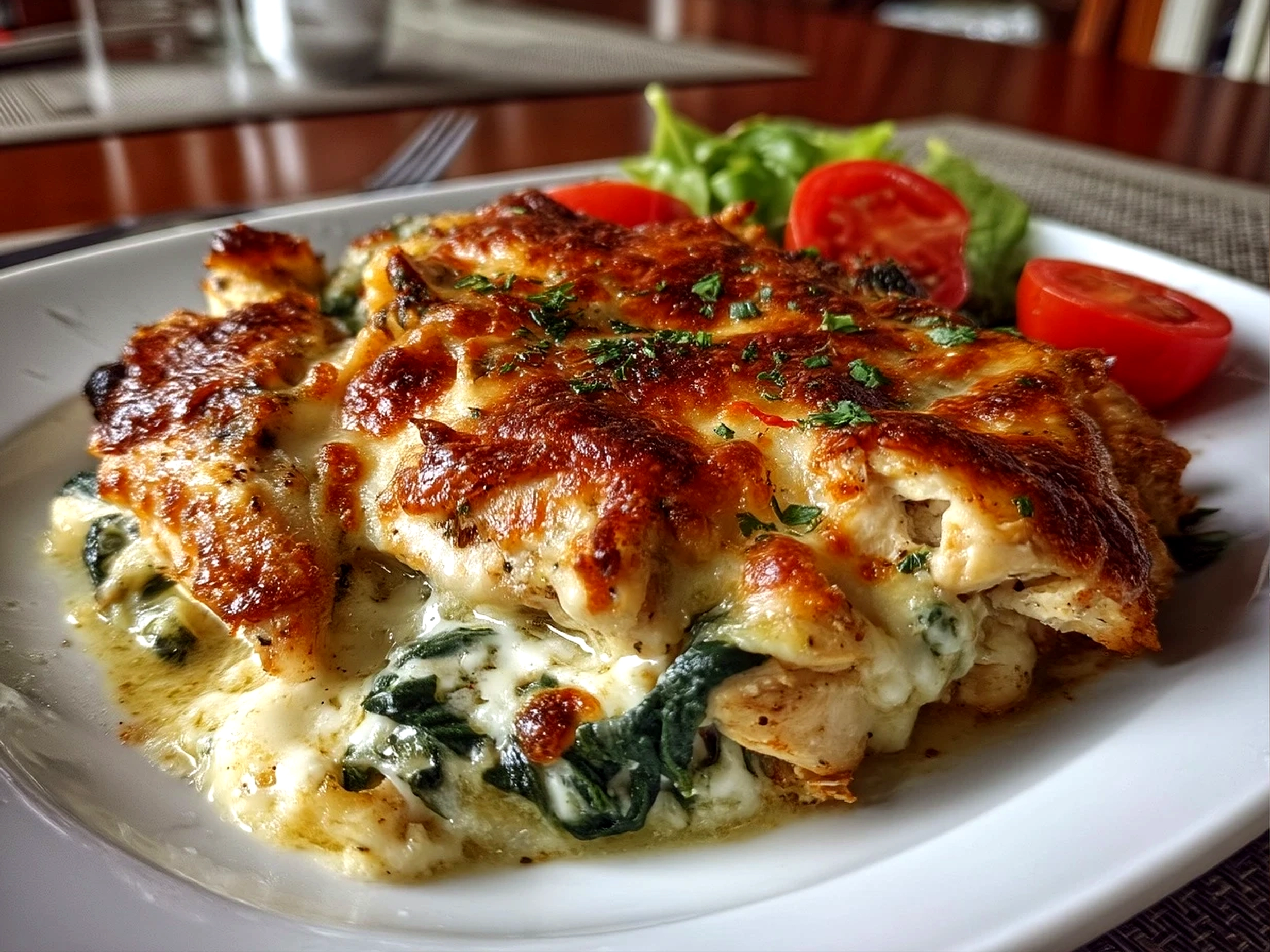 Close up of finished chicken and spinach casserole with melted cheese and herbs
