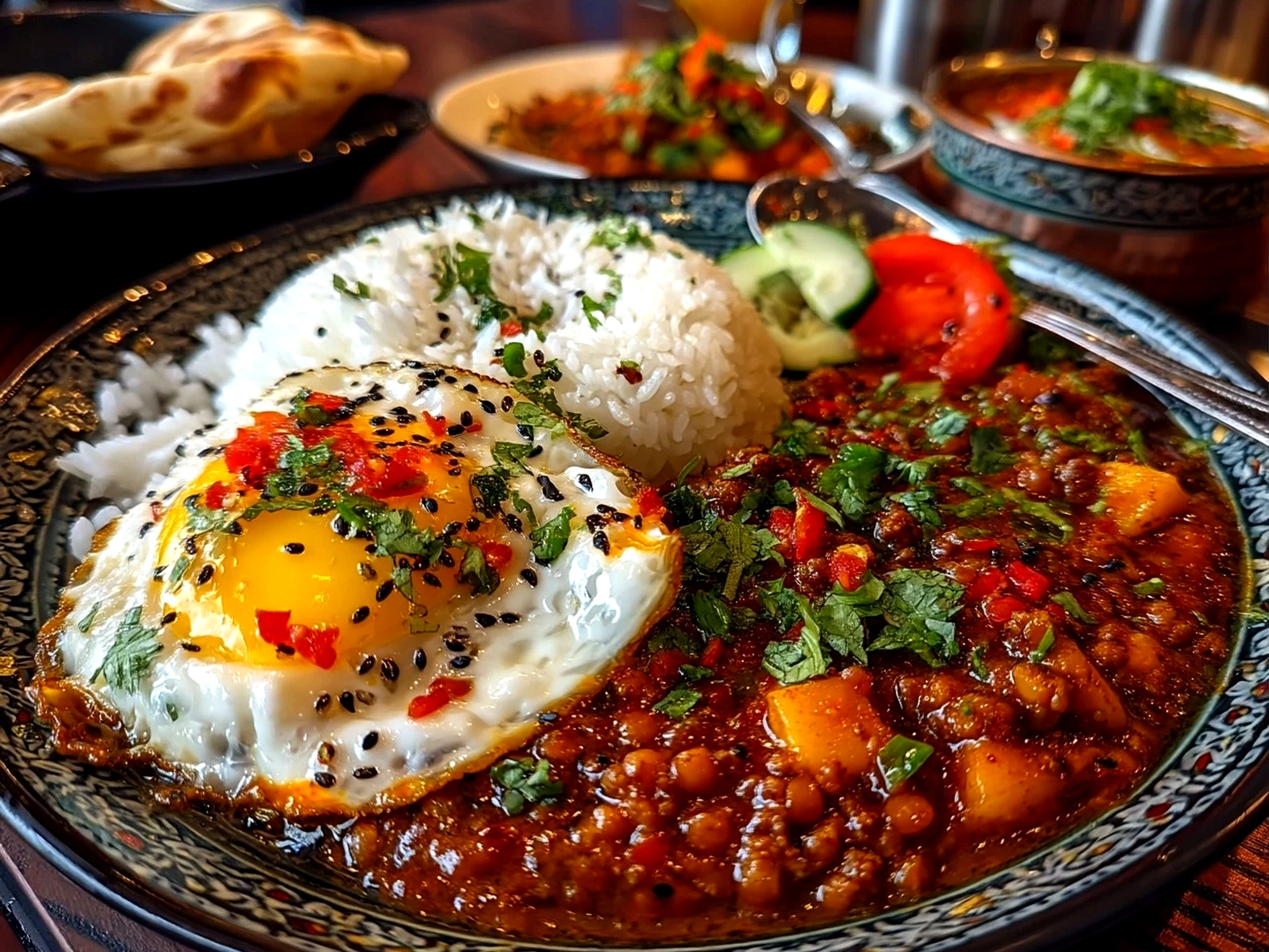 Finished Aloo Keema Curry served in a bowl garnished with fresh coriander leaves