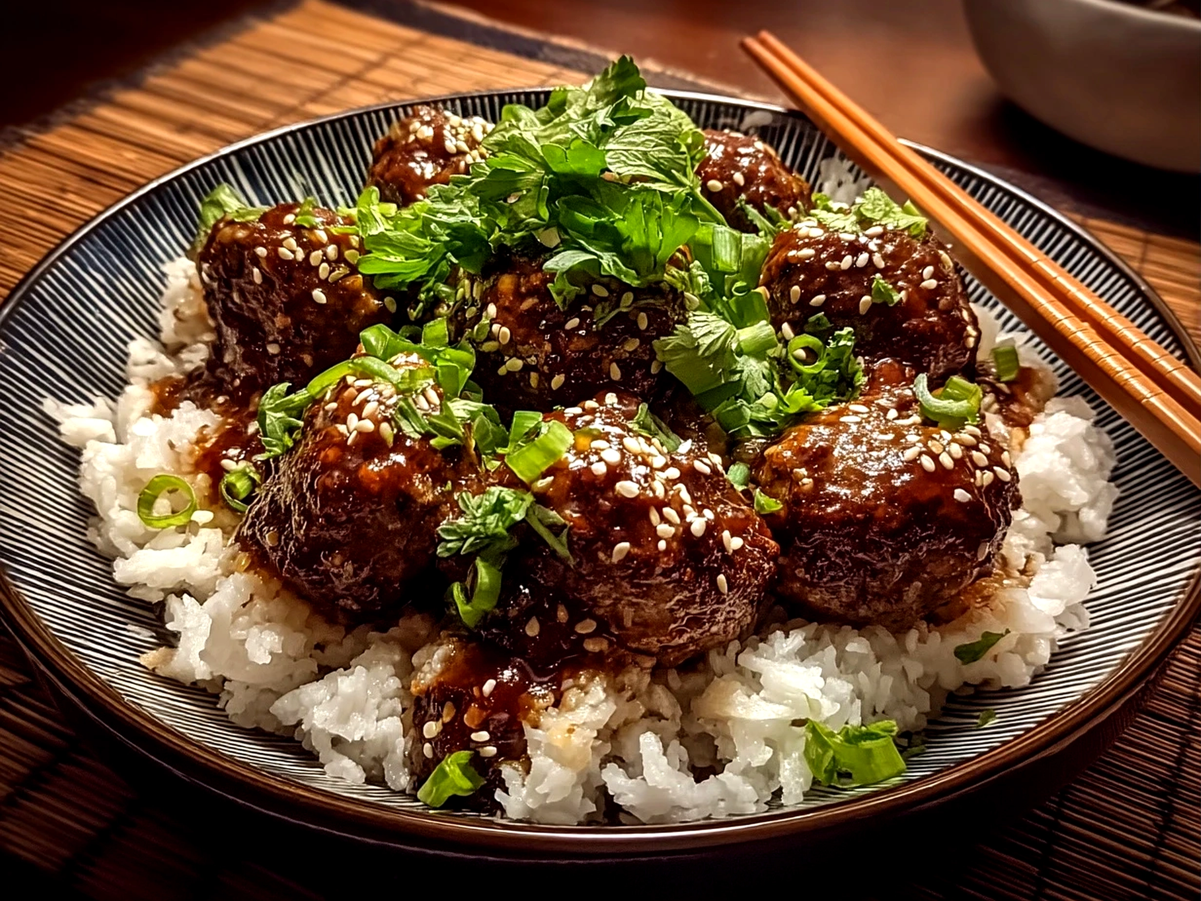 Close up of finished Mongolian Meatballs glazed with soy sauce and garnished with scallions and sesame seeds