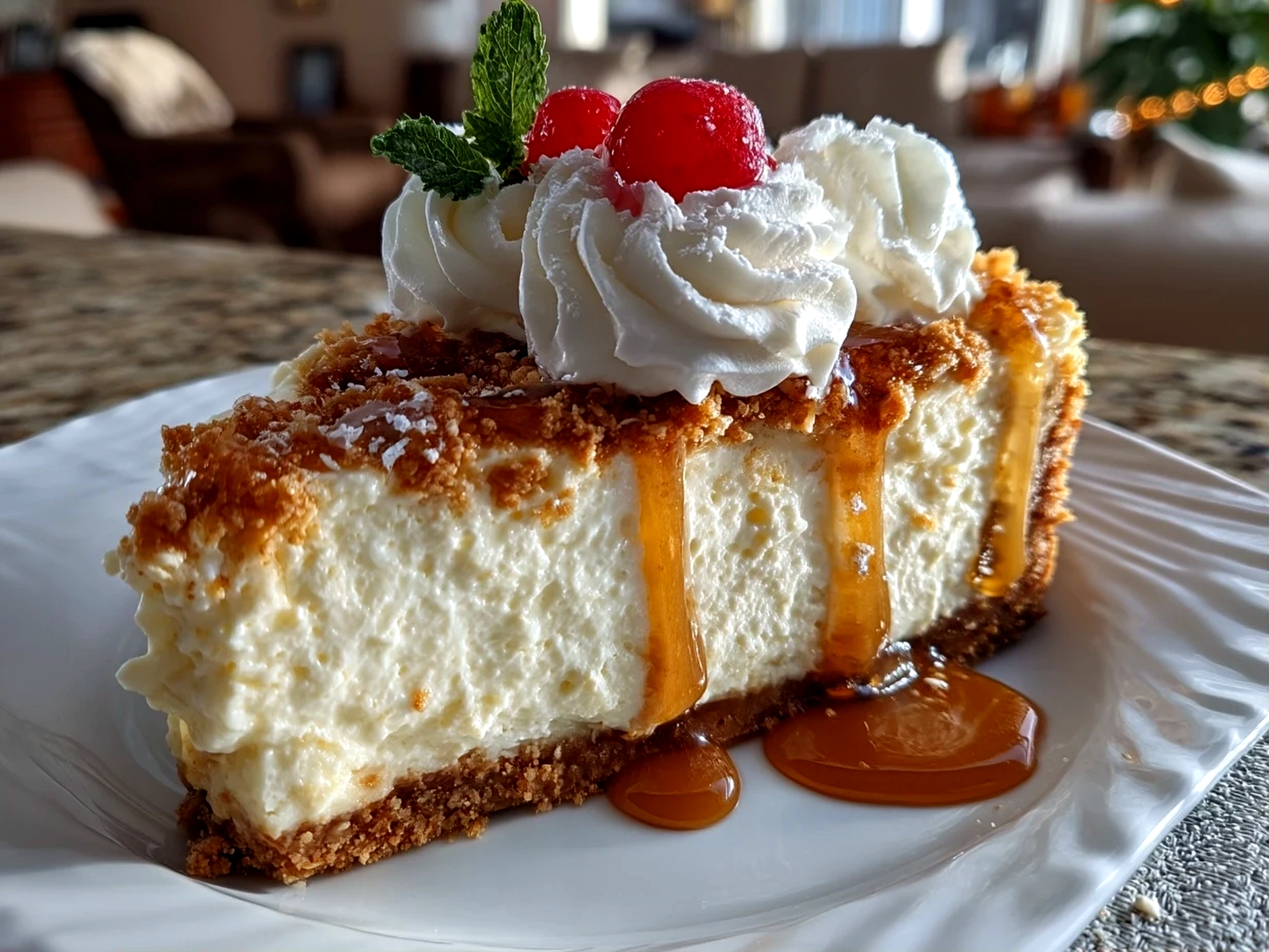 Finished No Bake Classic Woolworth Cheesecake with smooth creamy topping ready to serve