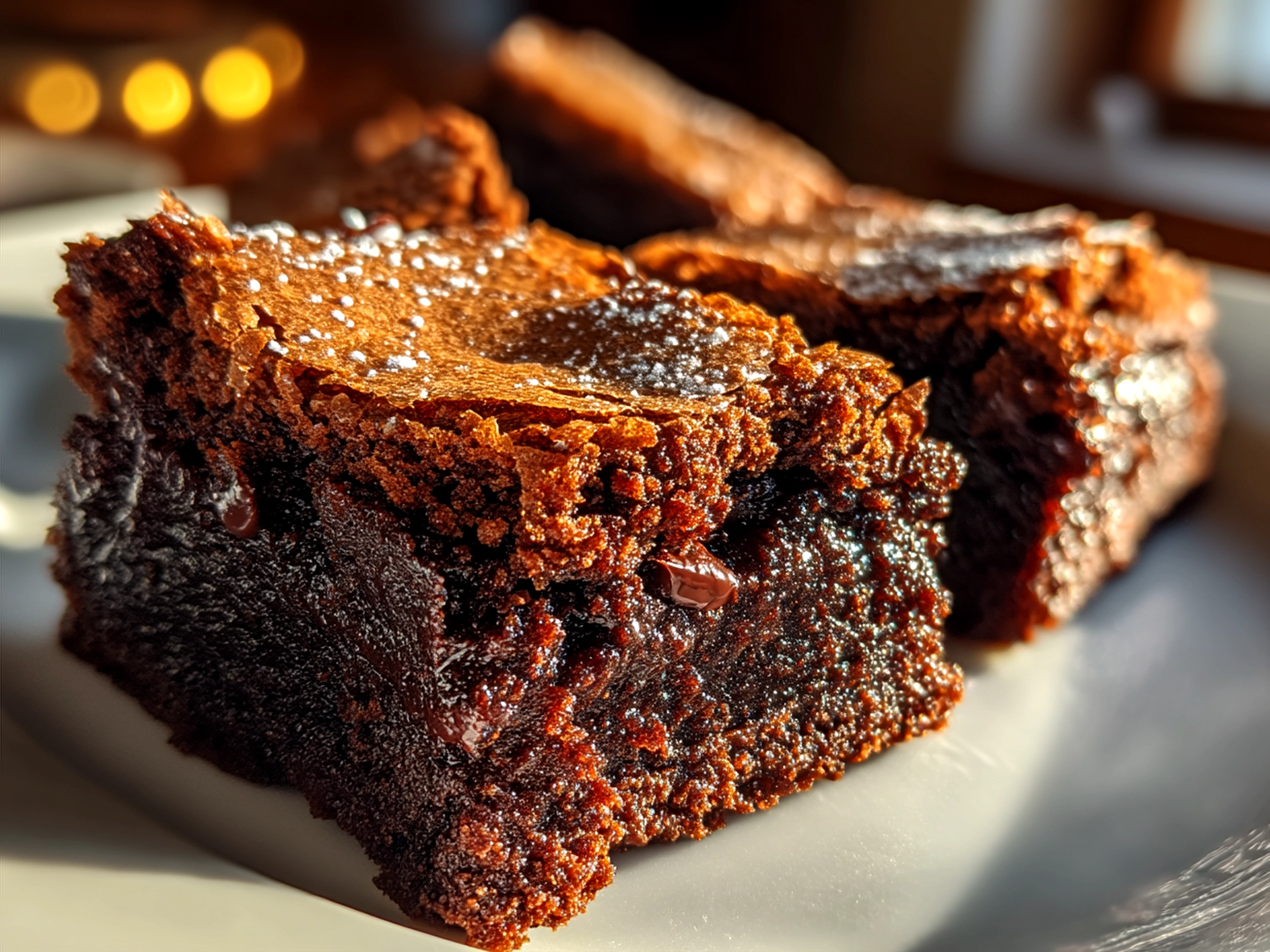 Plated Flourless Greek Yogurt Brownies served warm with ice cream and whipped cream