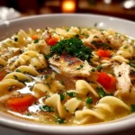 Freshly prepared Chick Fil A Chicken Noodle Soup on white shallow bowl