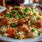 Freshly prepared chicken ginger rice plated on white ceramic dish