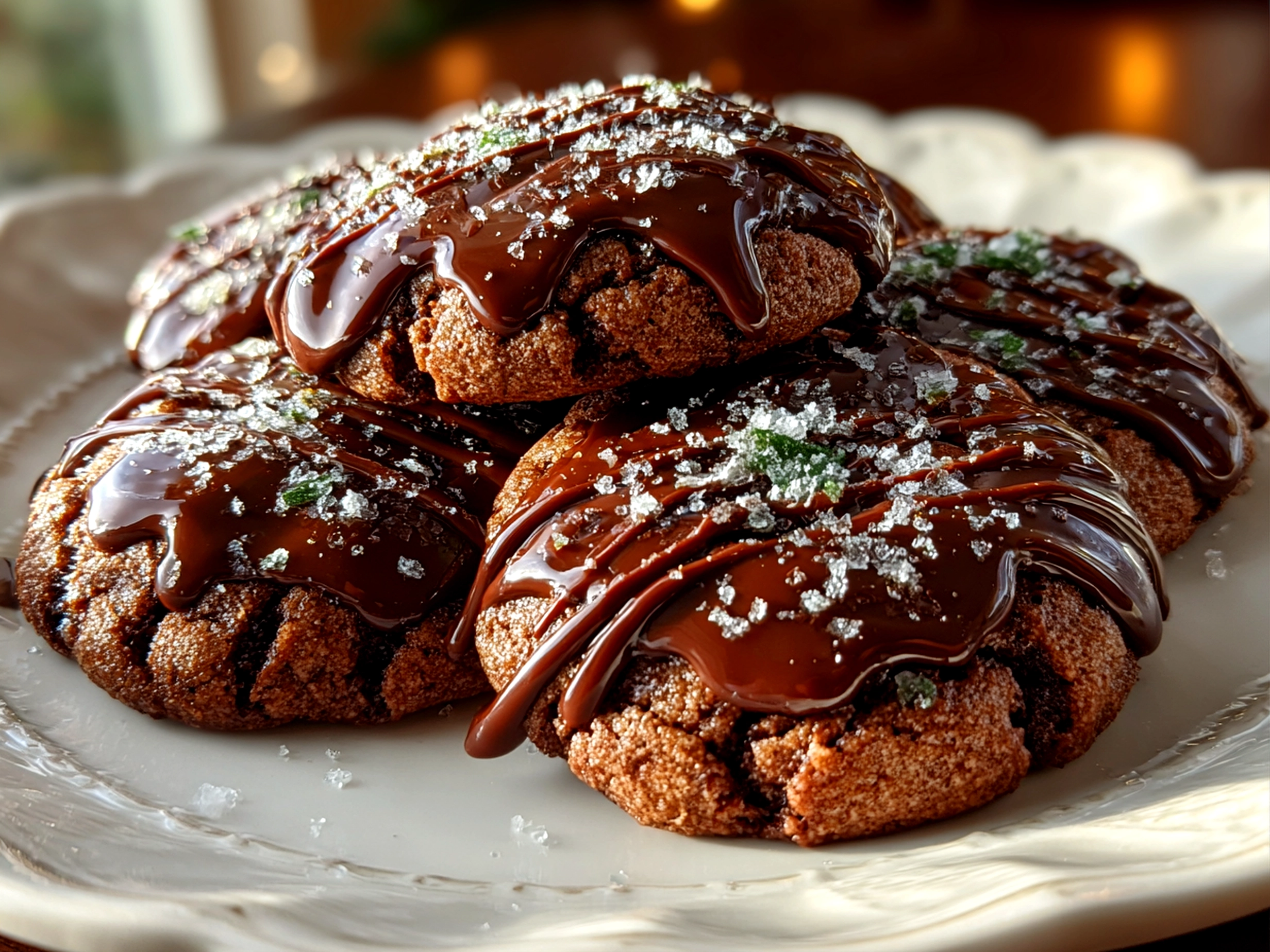 Freshly prepared fudgy Grasshopper Cookies close-up