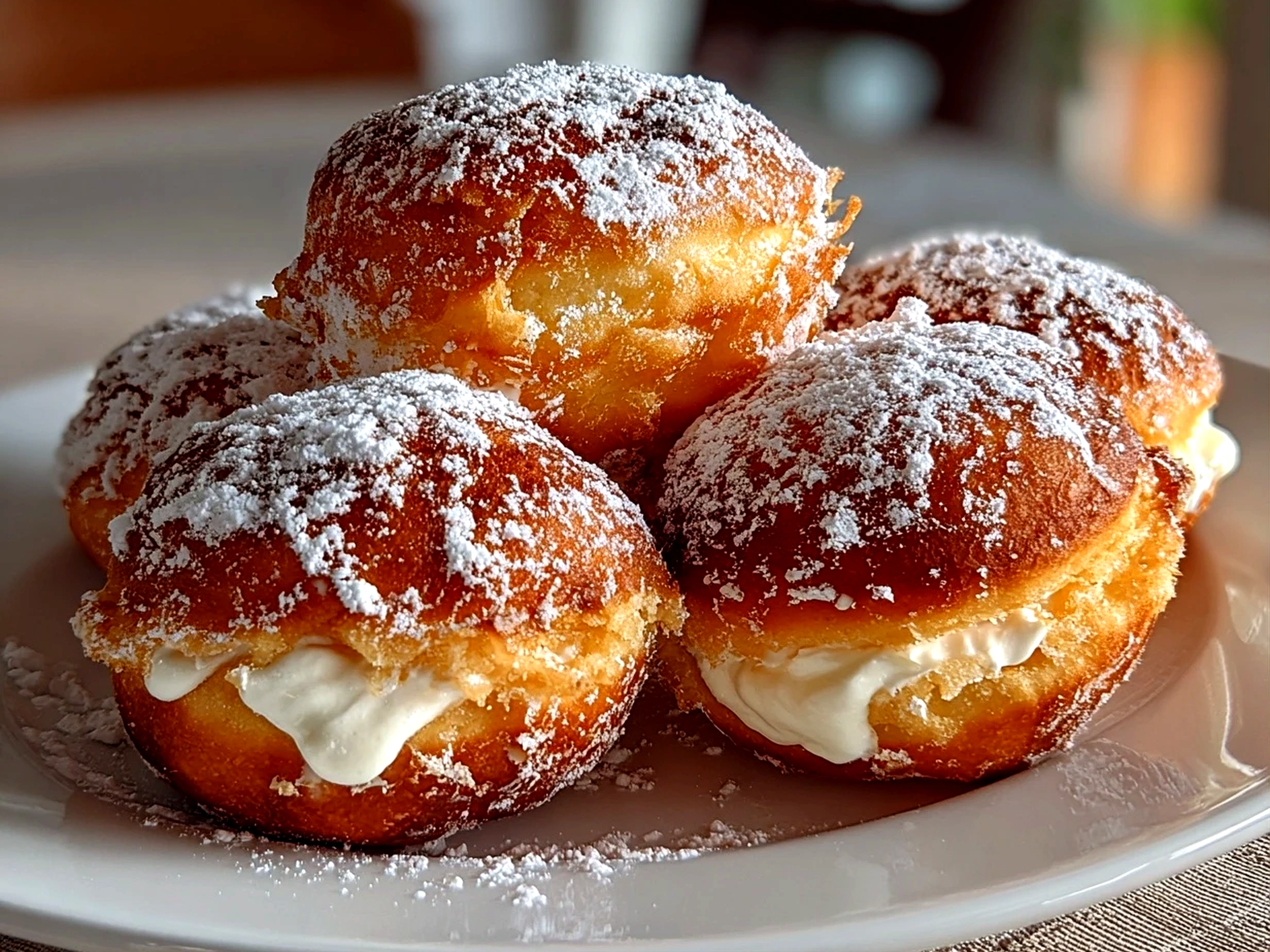 Freshly prepared Italian Bomboloni Cream Donuts close-up