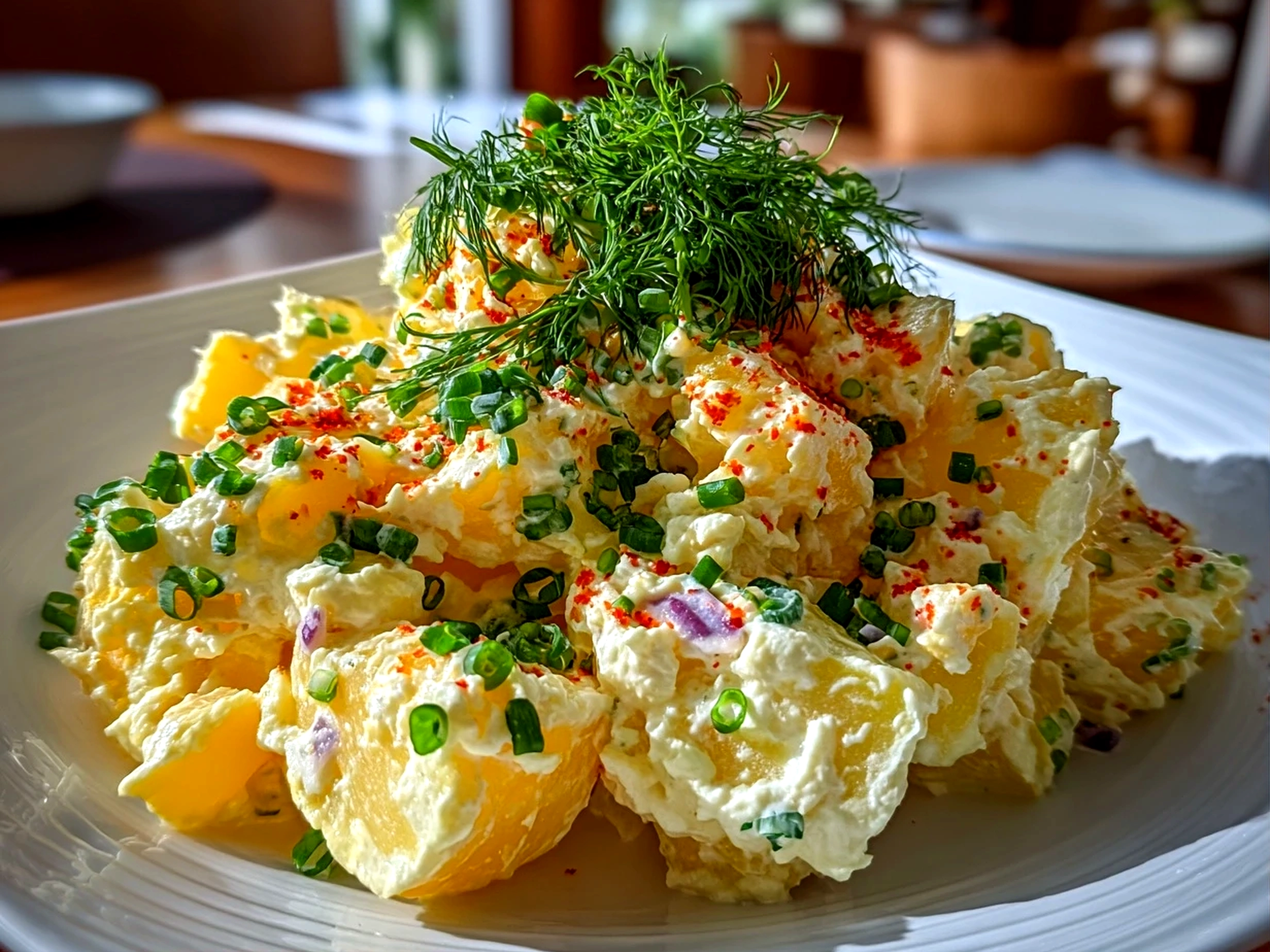 Freshly prepared Japanese Potato Salad on a white plate