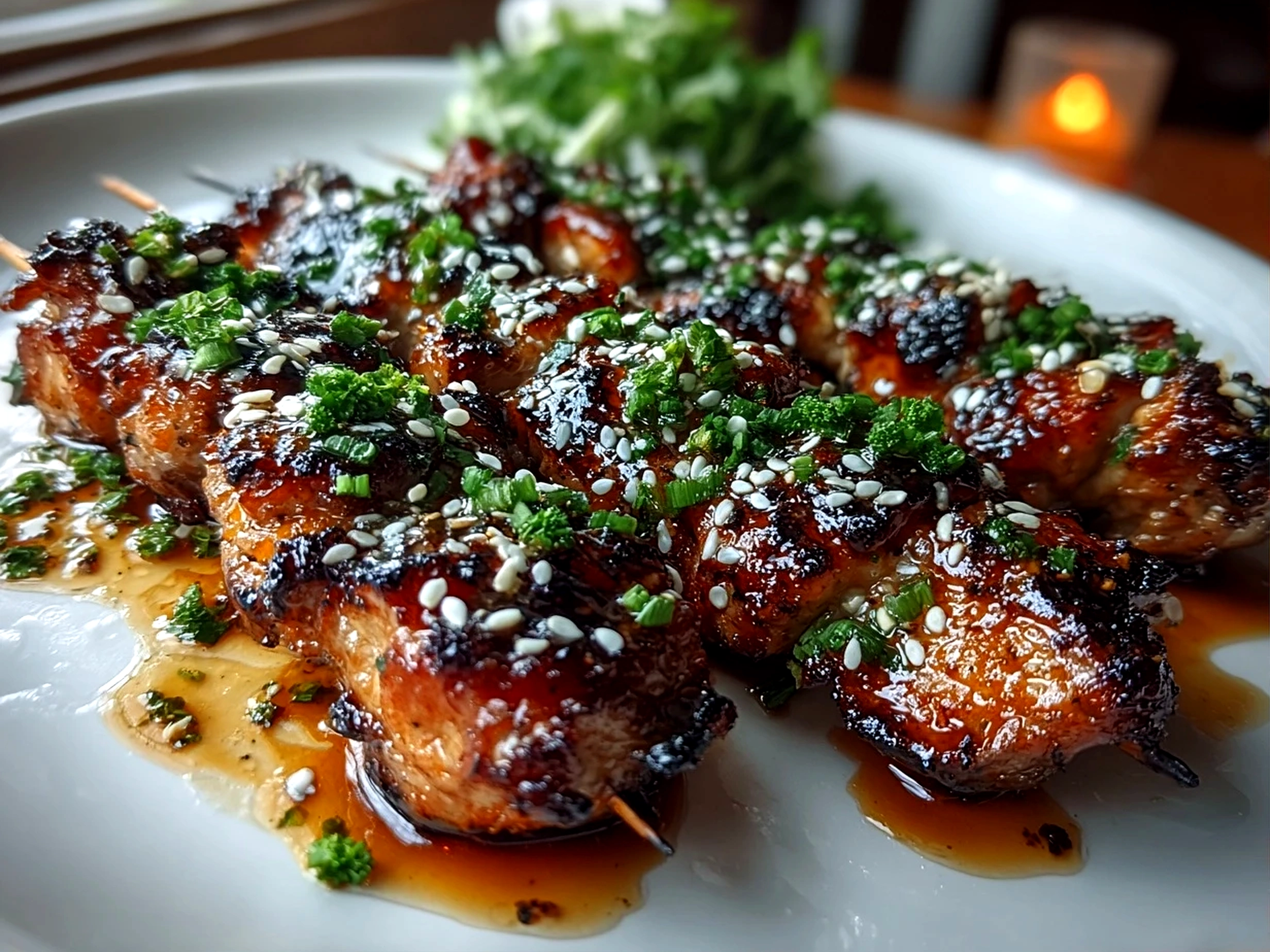 Freshly prepared Japanese Yakitori Grilled Chicken skewers