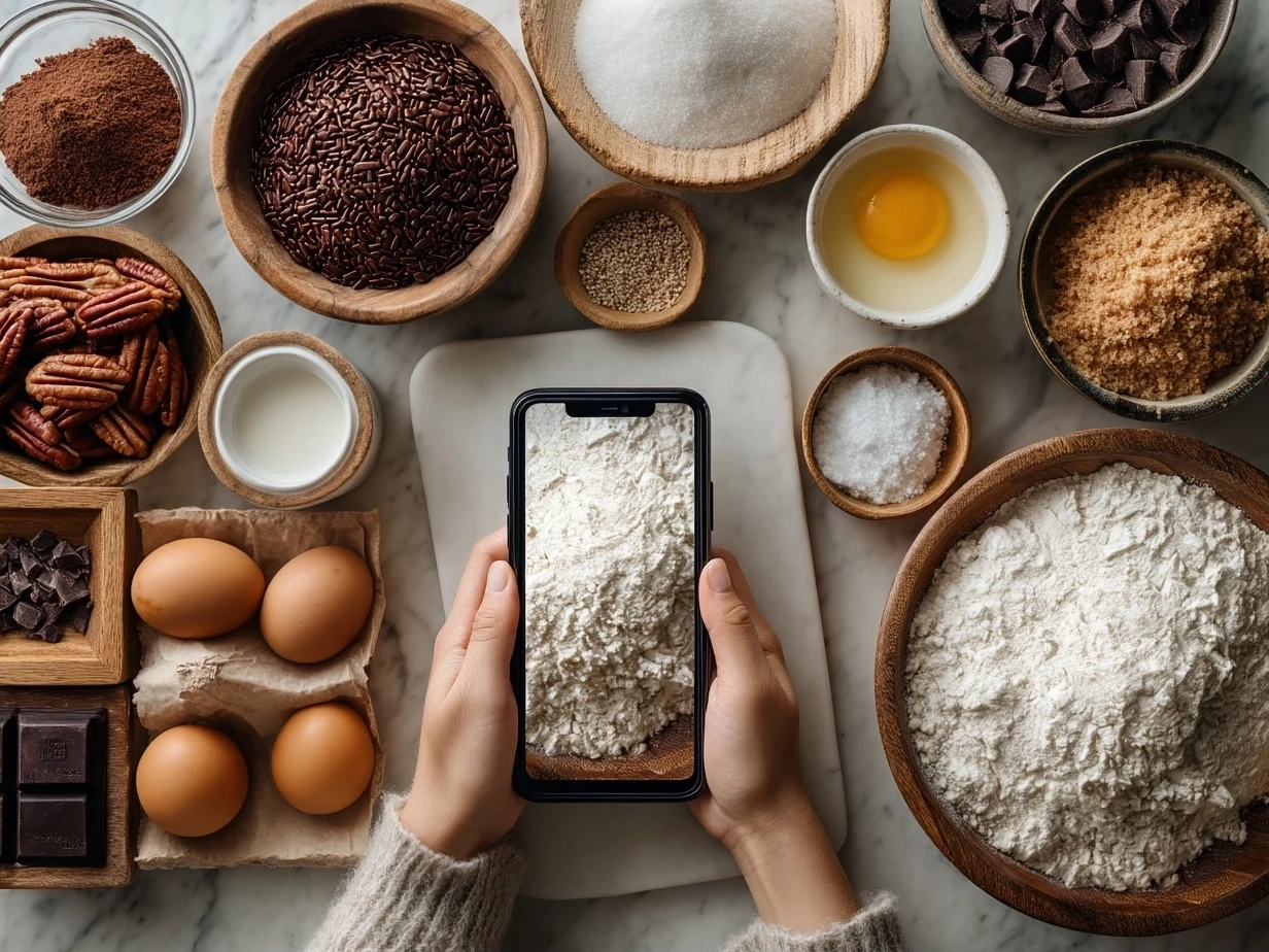 Ingredients for fudgy brownie cookies including cocoa powder, butter, sugar, eggs, and chocolate chips