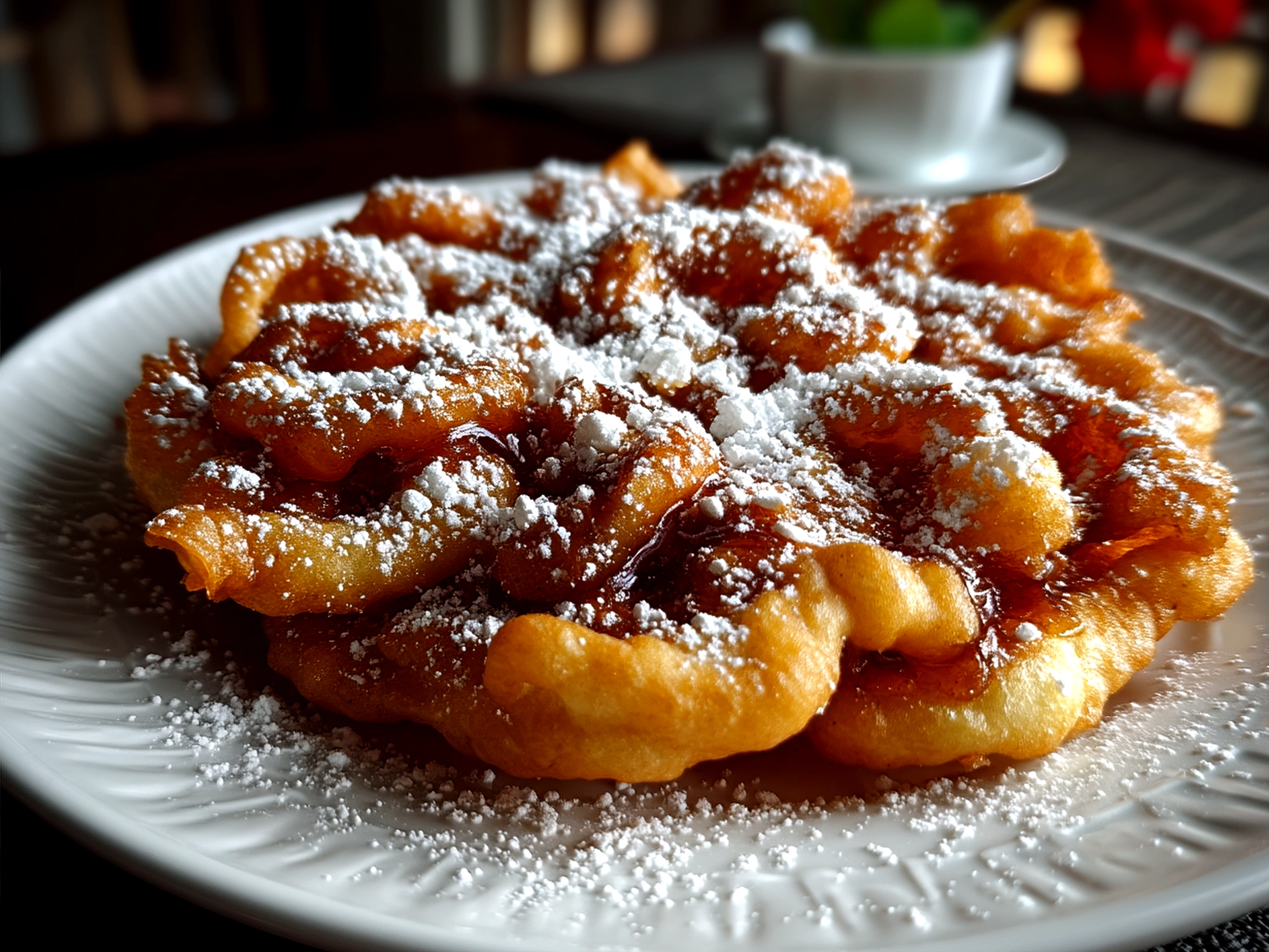 Freshly fried funnel cake topped with powdered sugar served on a rustic platter