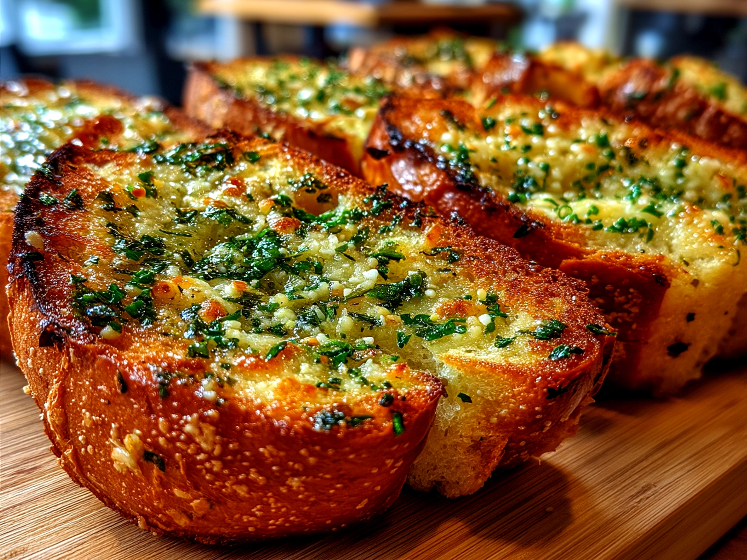 Freshly baked garlic bread served on a plate, golden and crispy
