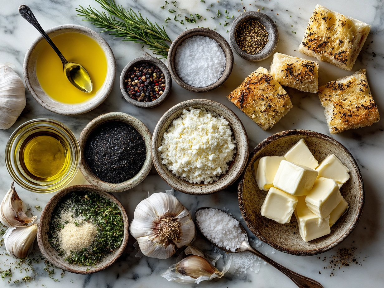 Fresh ingredients for making garlic bread, including garlic, herbs, butter, and baguette