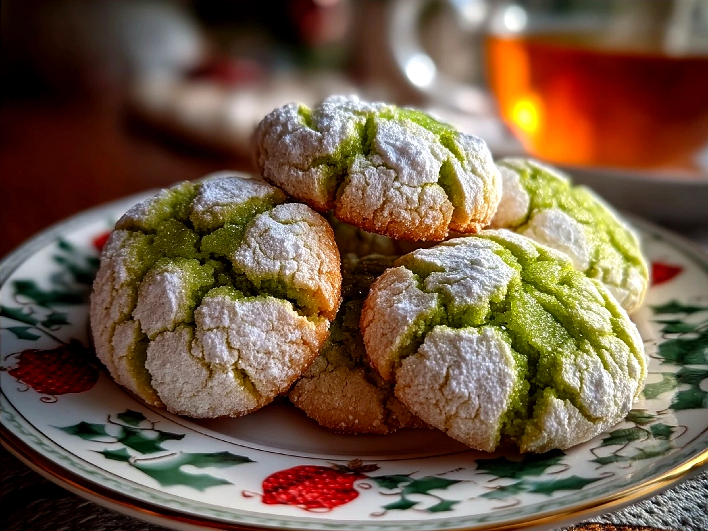 Freshly baked Grinch Crinkle Cookies arranged on a festive holiday platter
