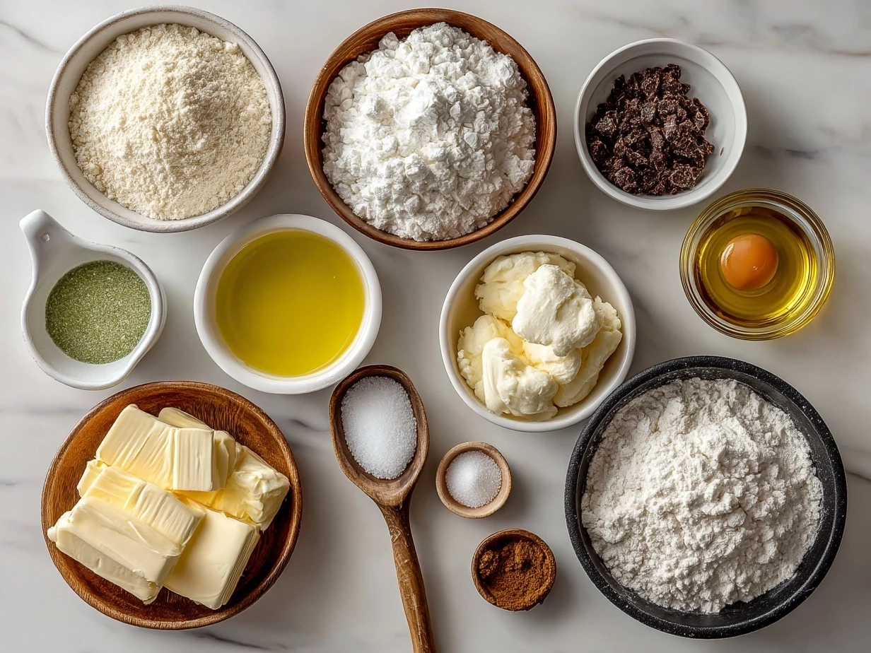 Ingredients laid out for making Grinch Crinkle Cookies including flour, cocoa powder, sugar, and green food coloring