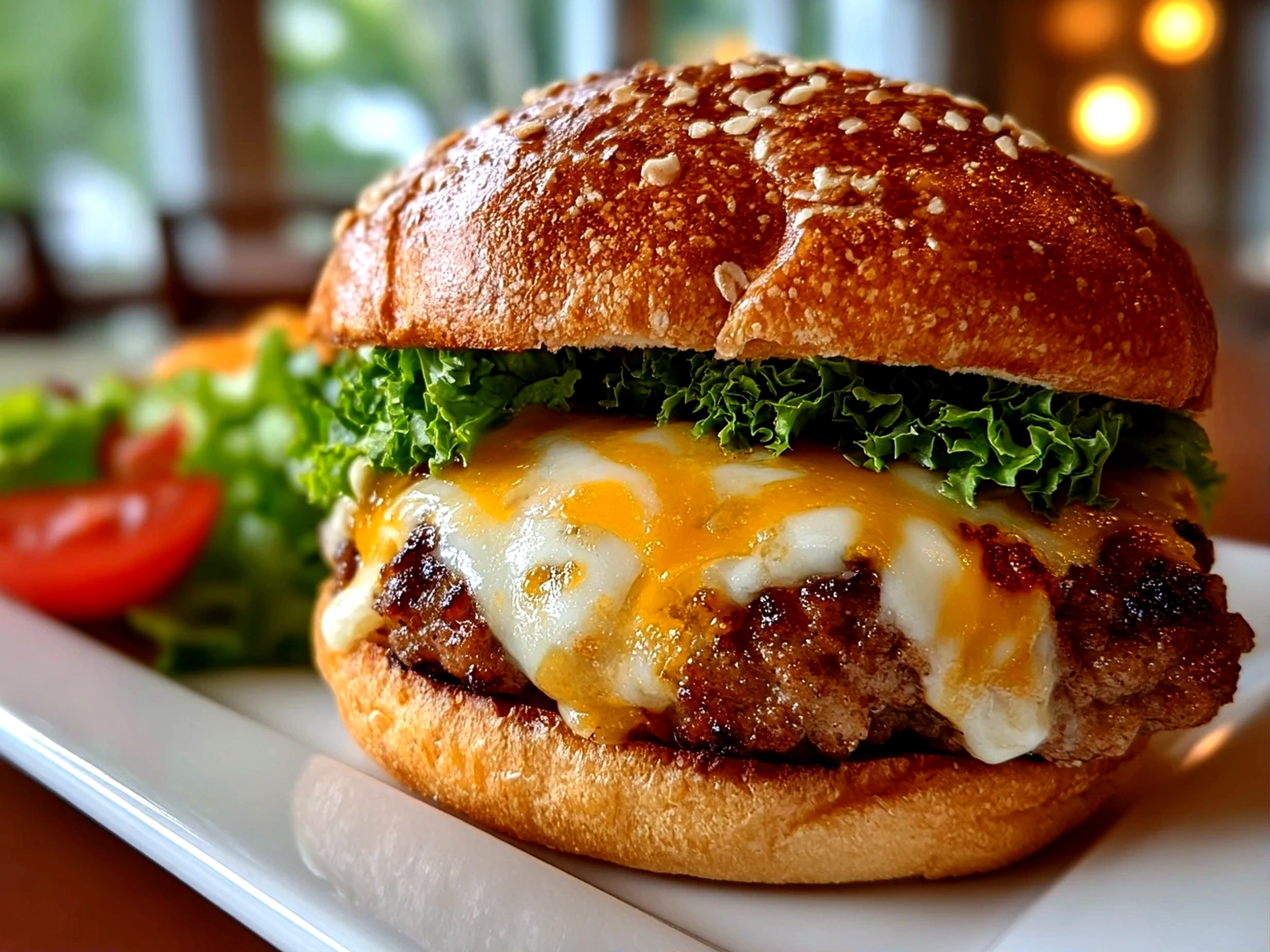 Home-baked cheeseburger on white plate