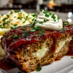 Home cook, taken with iPhone 14 Pro. Close-up slight angle of comforting Loaded Potato Meatloaf on white plate. Hearty comforting --ar 4:3 --style raw --s 240