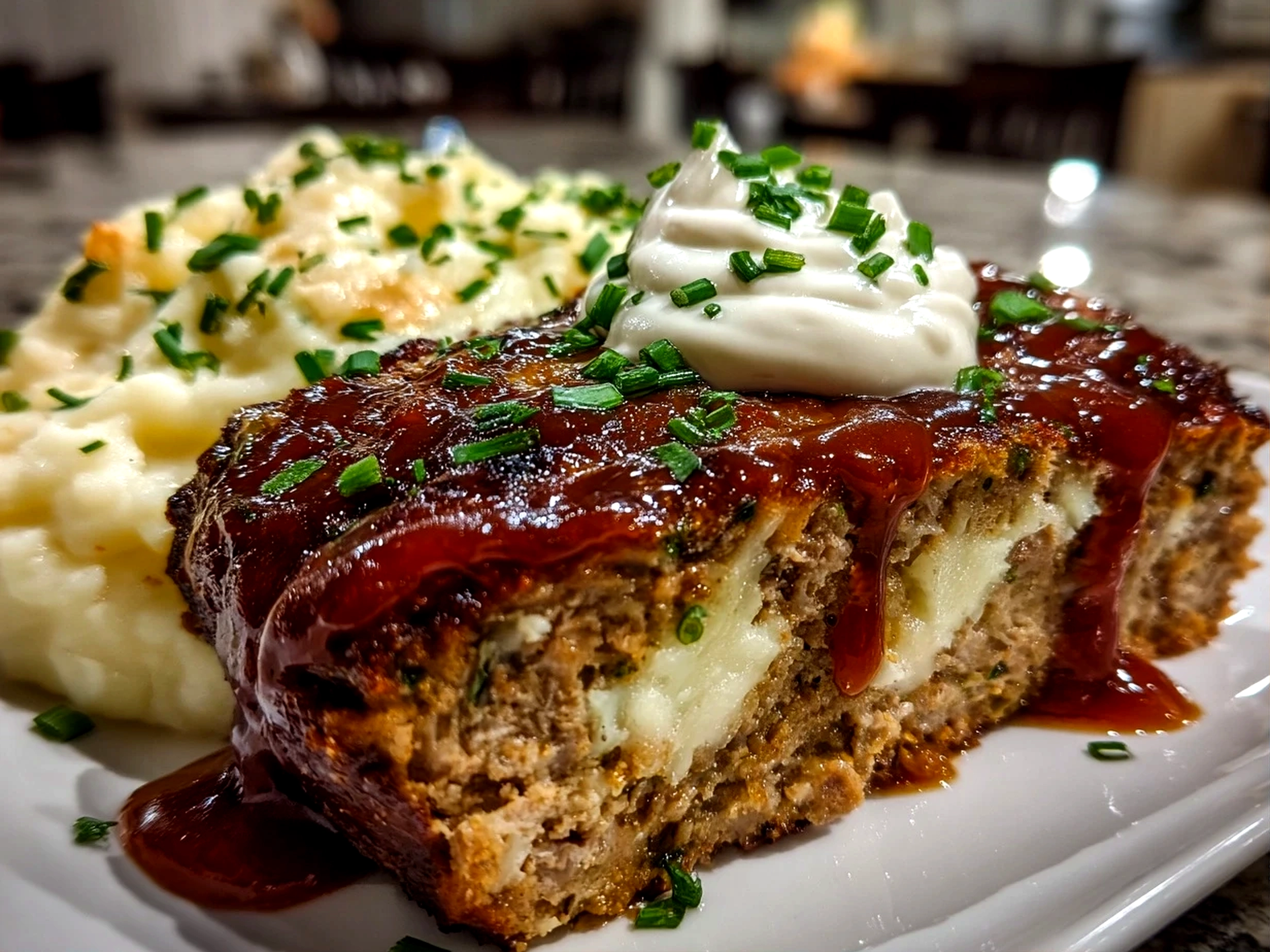 Home cook, taken with iPhone 14 Pro. Close-up slight angle of comforting Loaded Potato Meatloaf on white plate. Hearty comforting --ar 4:3 --style raw --s 240