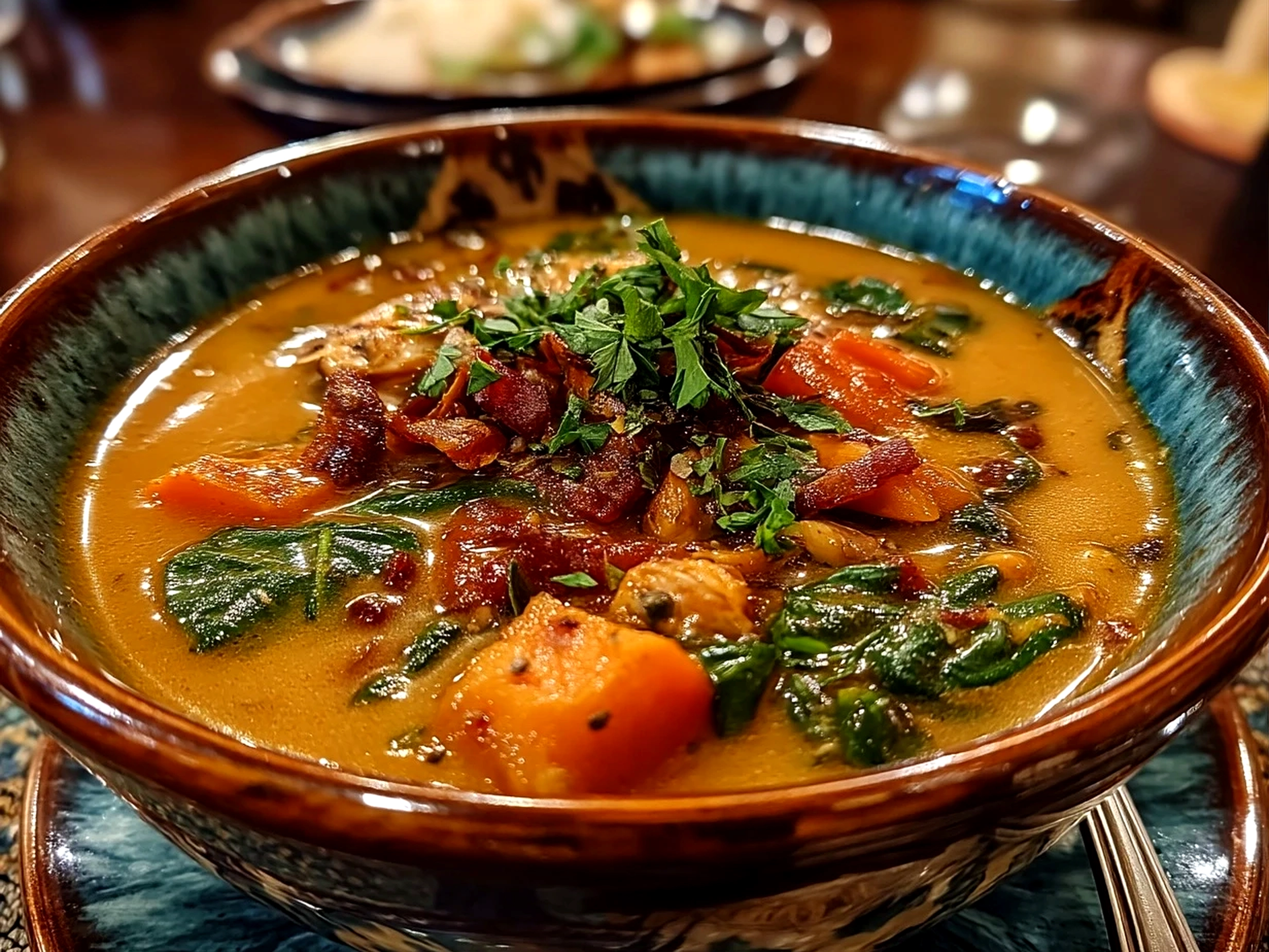Home cooked, close-up of finished comforting African peanut soup, fresh and vibrant