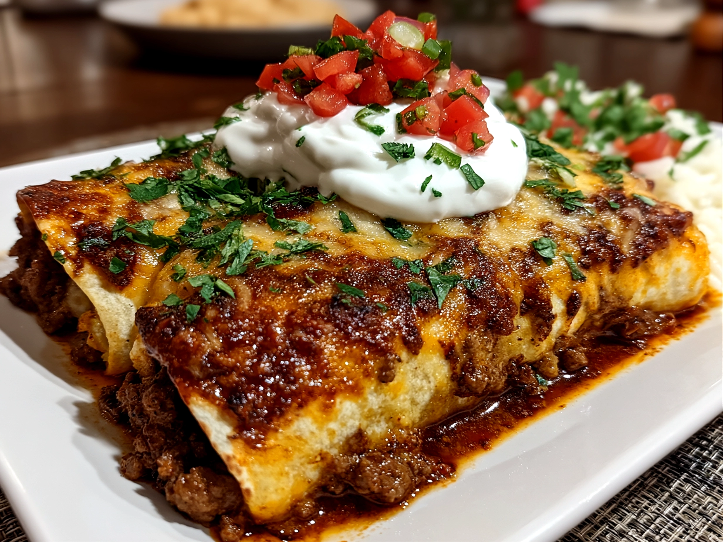 Slight angle close-up of finished comforting Ground Beef Enchiladas served at home, hearty and comforting