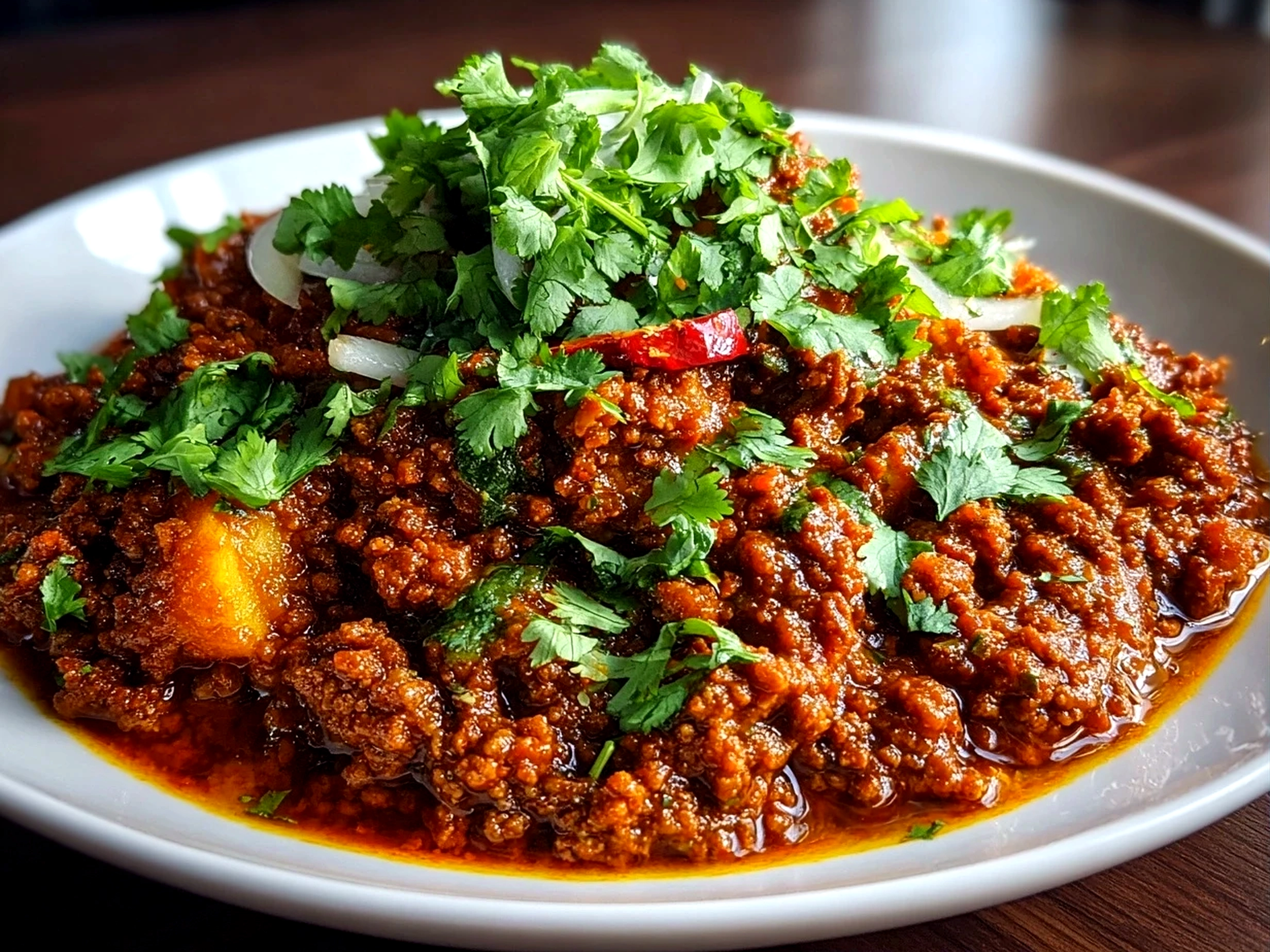 Homecooked hearty Aloo Keema Curry close-up