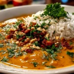 Homemade African Peanut Soup served in ceramic bowl