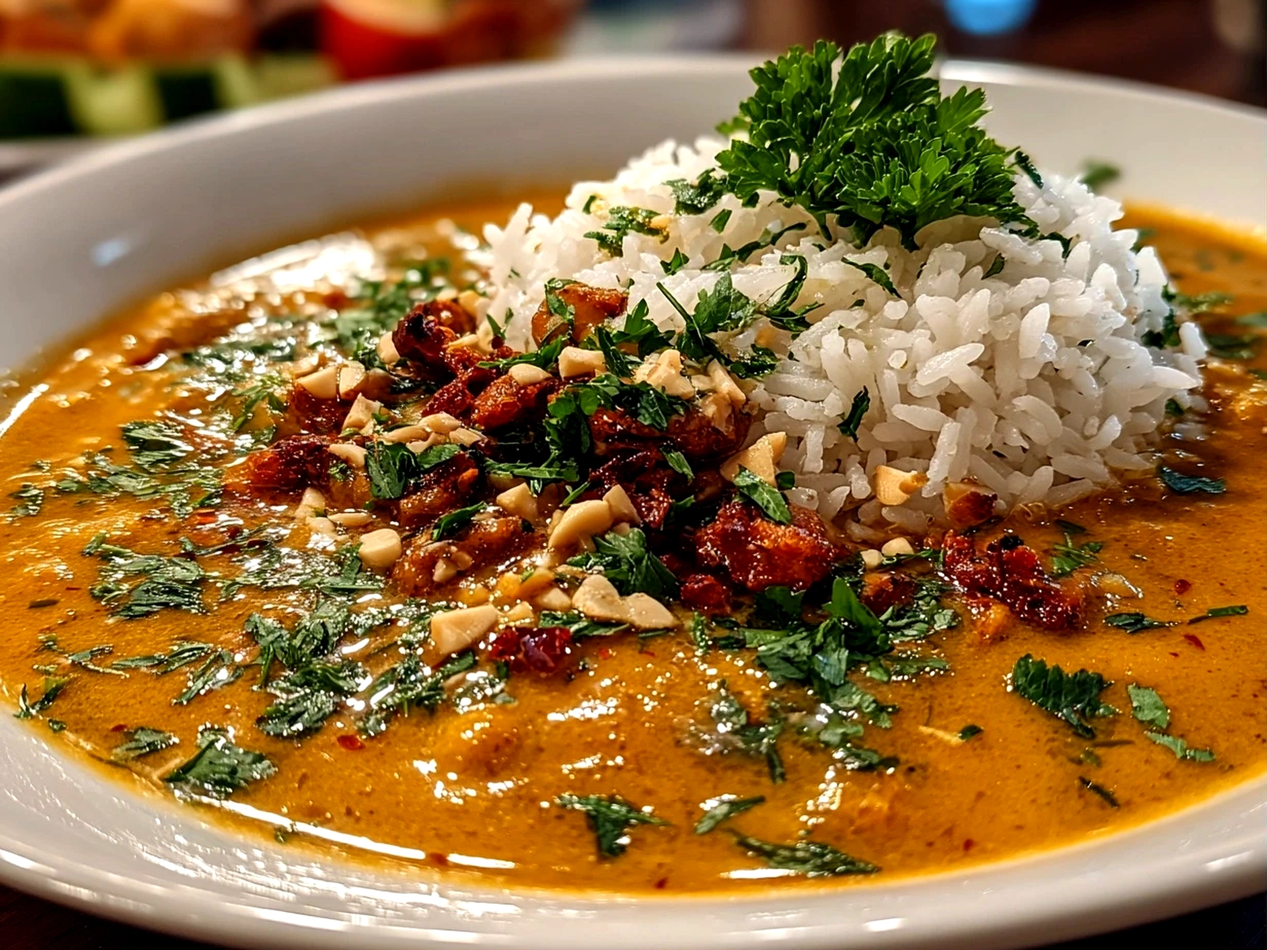Homemade African Peanut Soup served in ceramic bowl