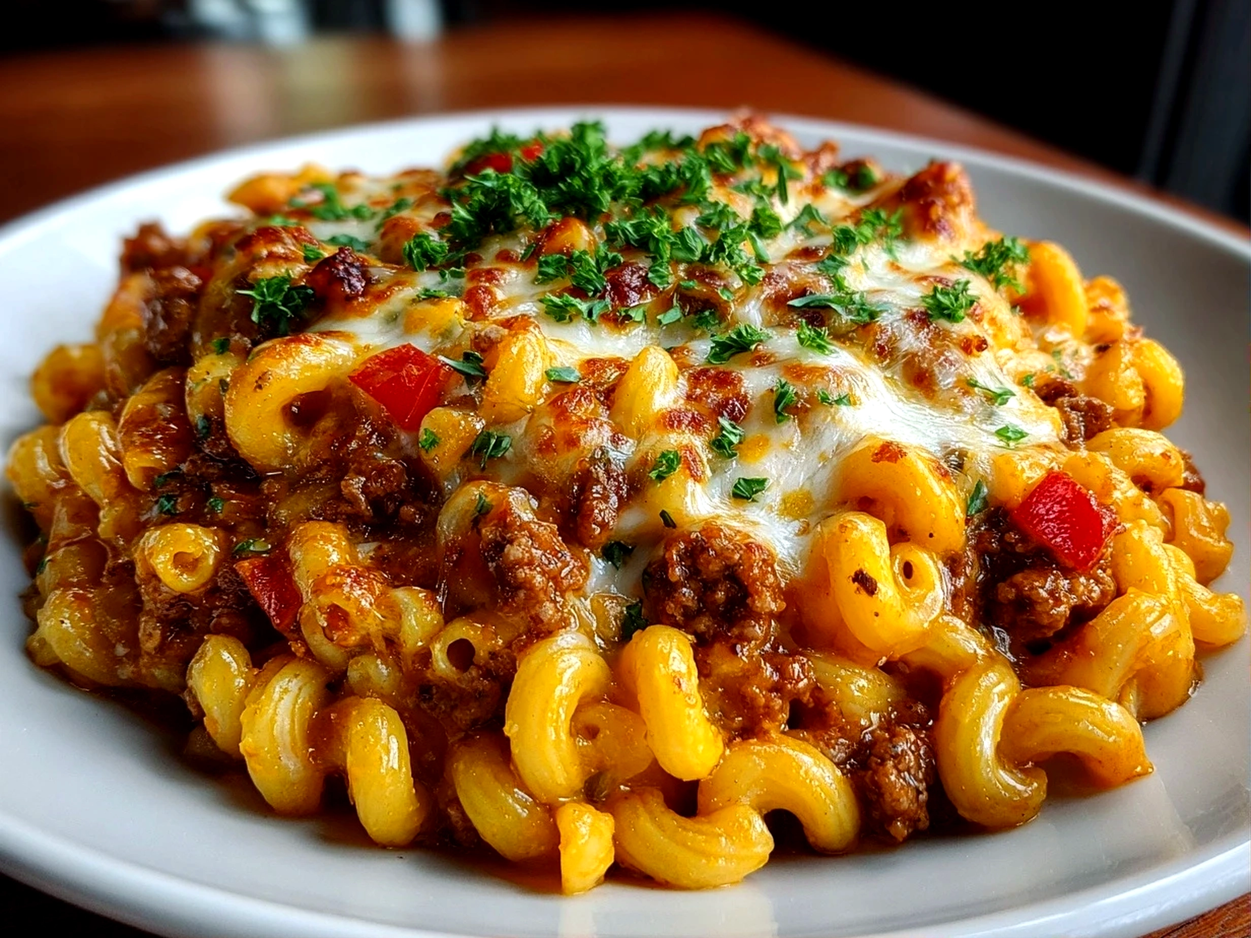 Homemade One Pot Chili Mac and Cheese plated on white dish