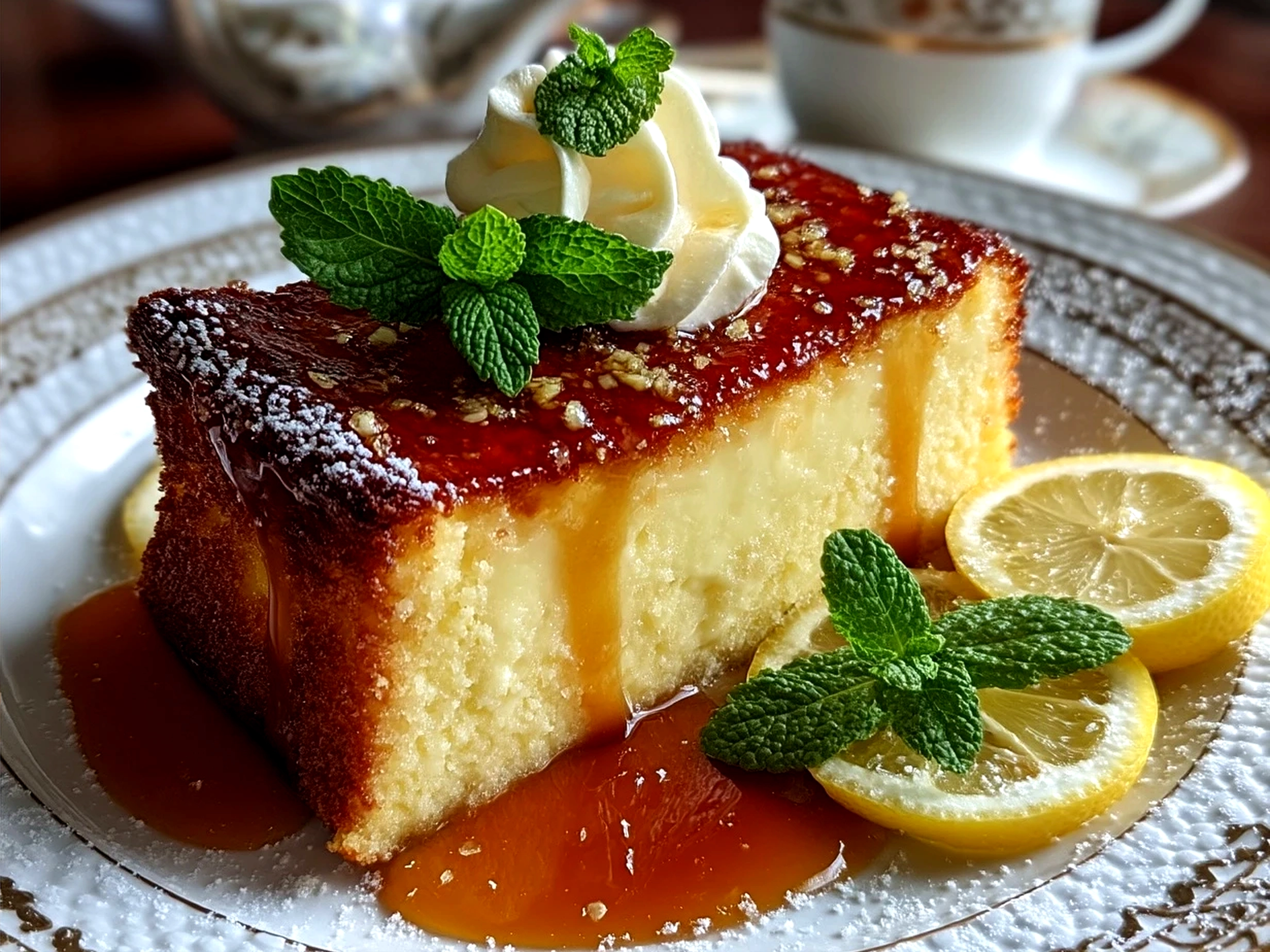 Slice of lemon custard cake served on a plate with whipped cream and lemon garnish