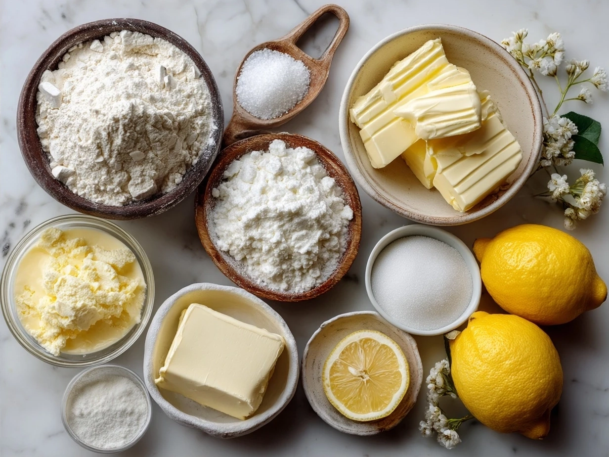 Fresh ingredients for lemon custard cake including lemons, eggs, sugar, and butter
