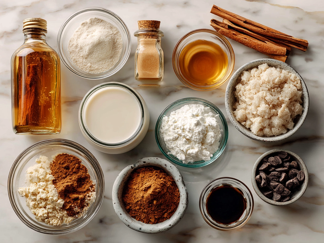 Ingredients for Mexican Horchata including rice, cinnamon stick, milk, sugar, and vanilla