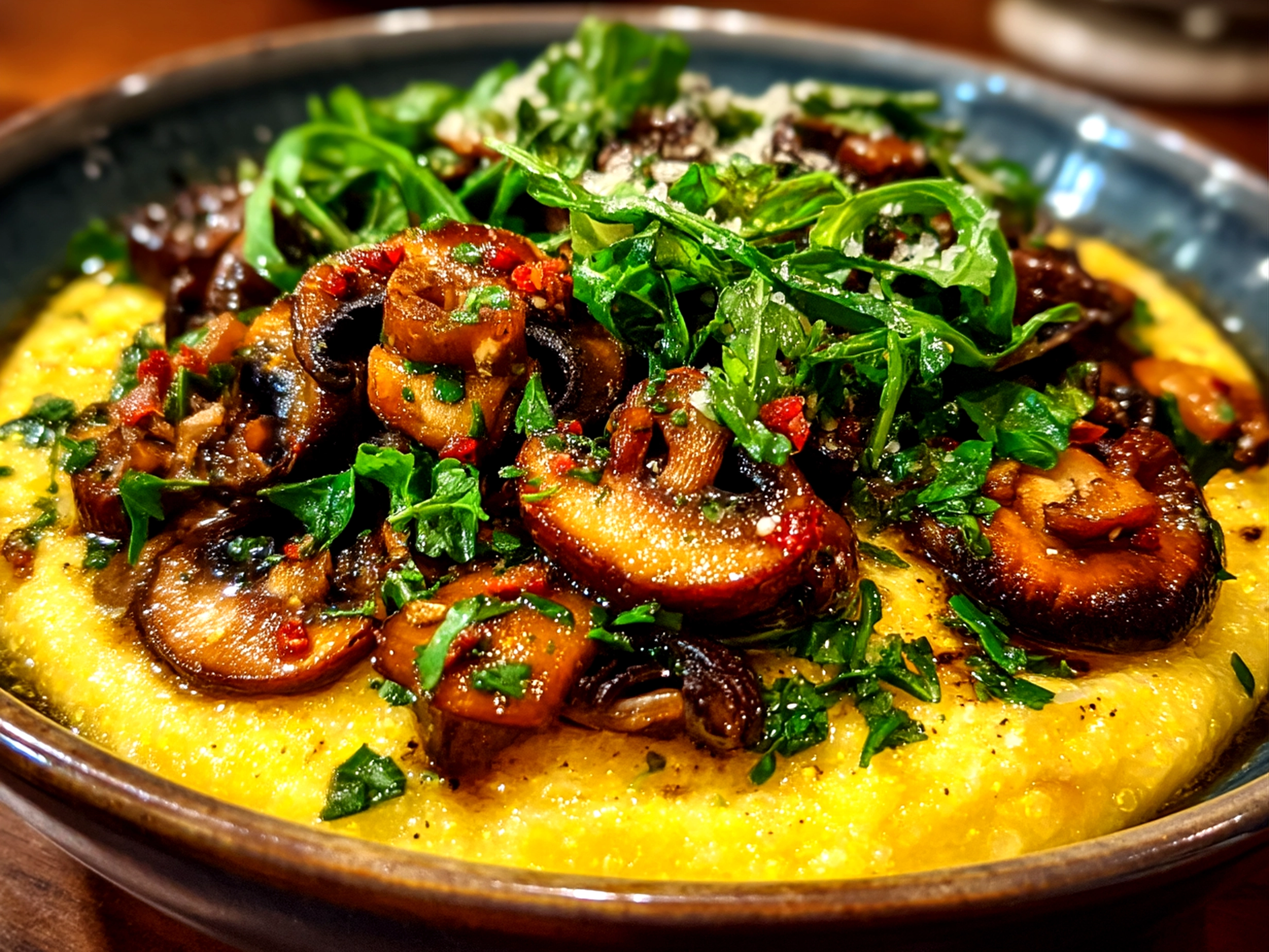 Serving Mushroom Polenta Bowls garnished with fresh herbs in a rustic bowl